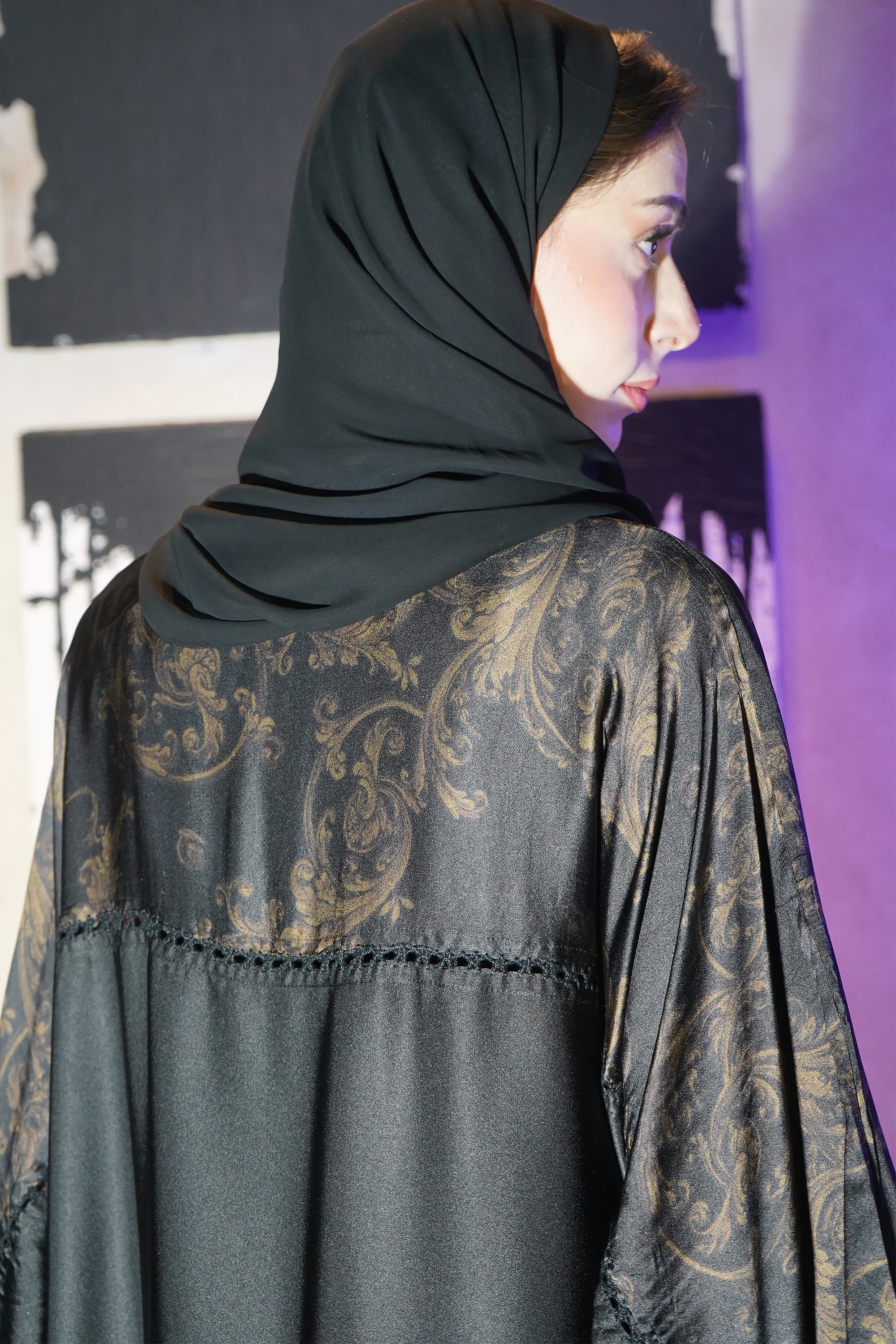 Black Embroidered Silk Abaya by Le Muga
