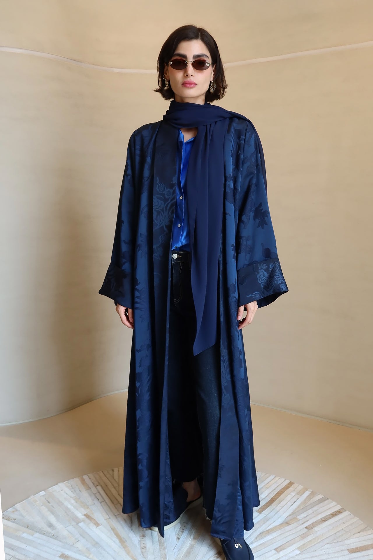 Navy Blue Jacquard Silk Abaya by F.Lounge