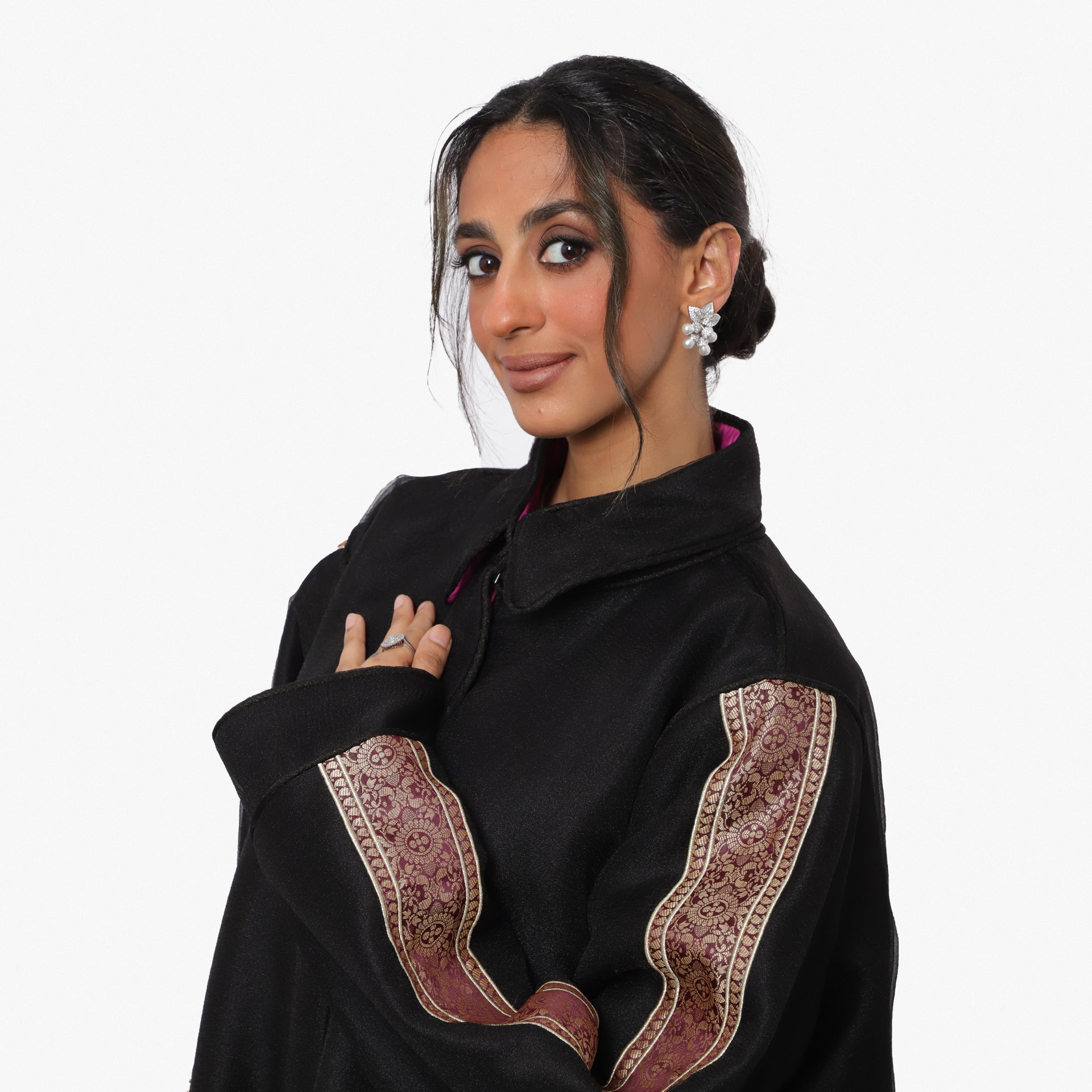 Black Organza Indian Embroidery Abaya by Khloud Al-Saadawi