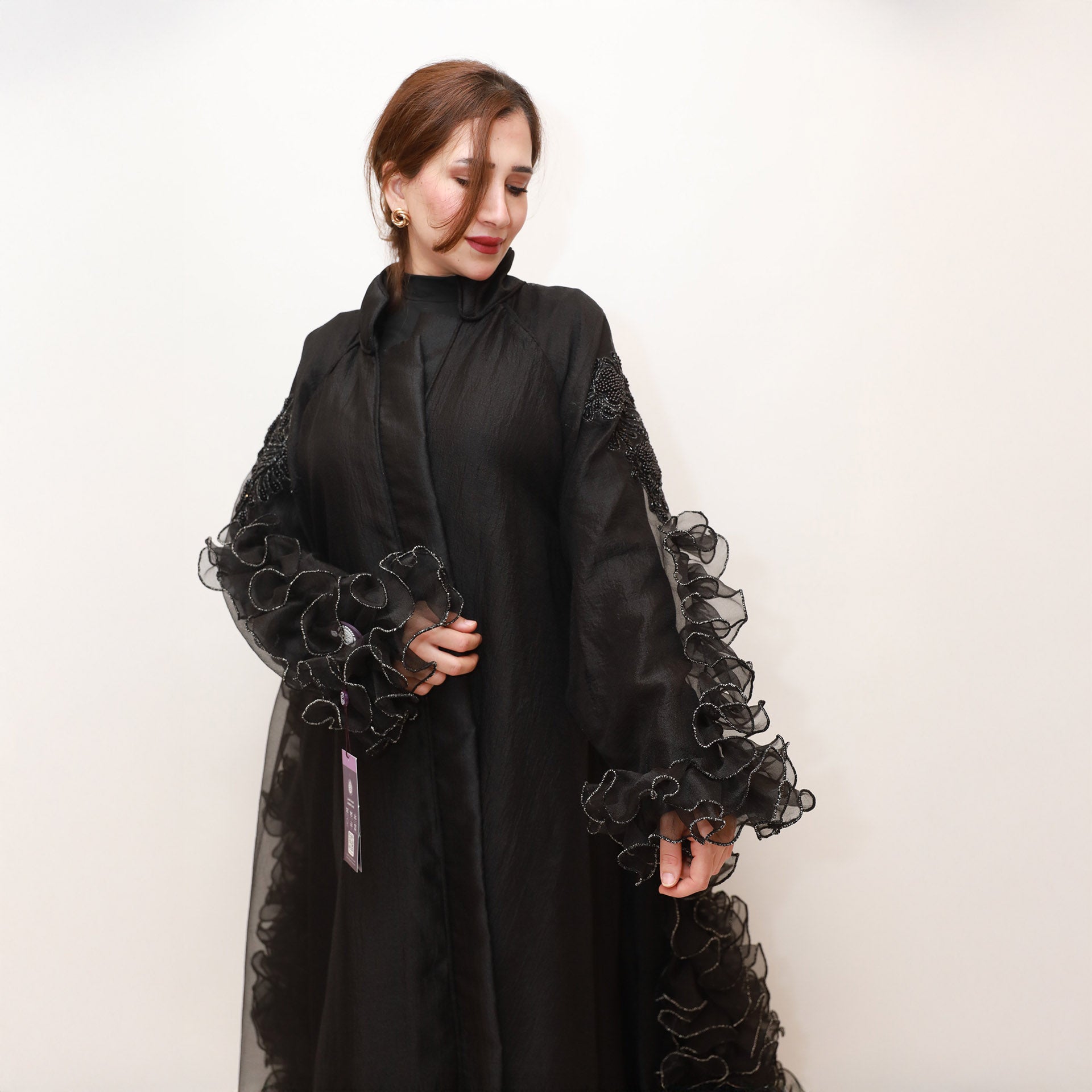 Black Organza Abaya with Ruffles by Khloud Al-Saadawi