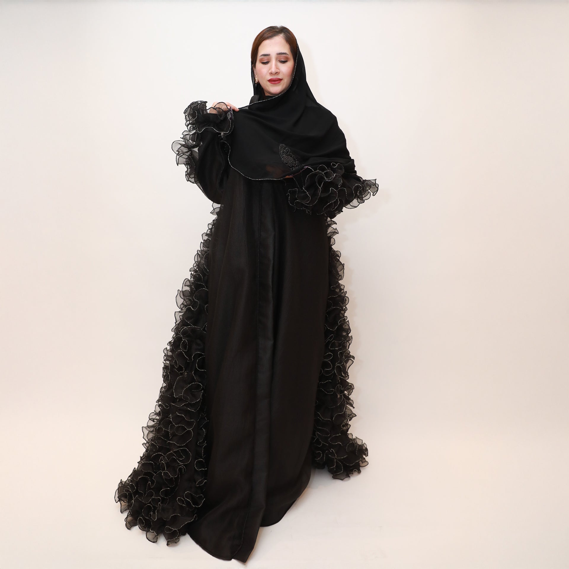 Black Organza Abaya with Ruffles by Khloud Al-Saadawi