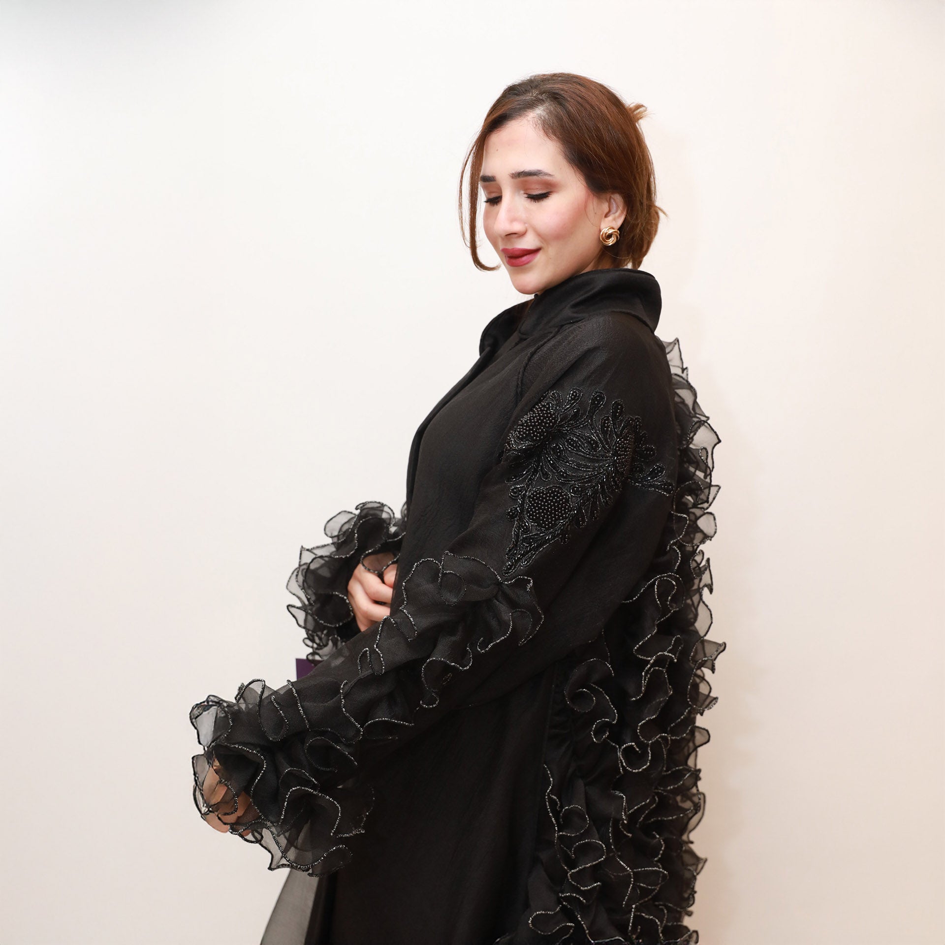 Black Organza Abaya with Ruffles by Khloud Al-Saadawi