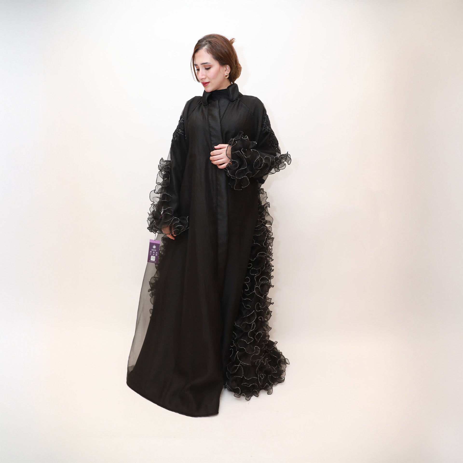 Black Organza Abaya with Ruffles by Khloud Al-Saadawi