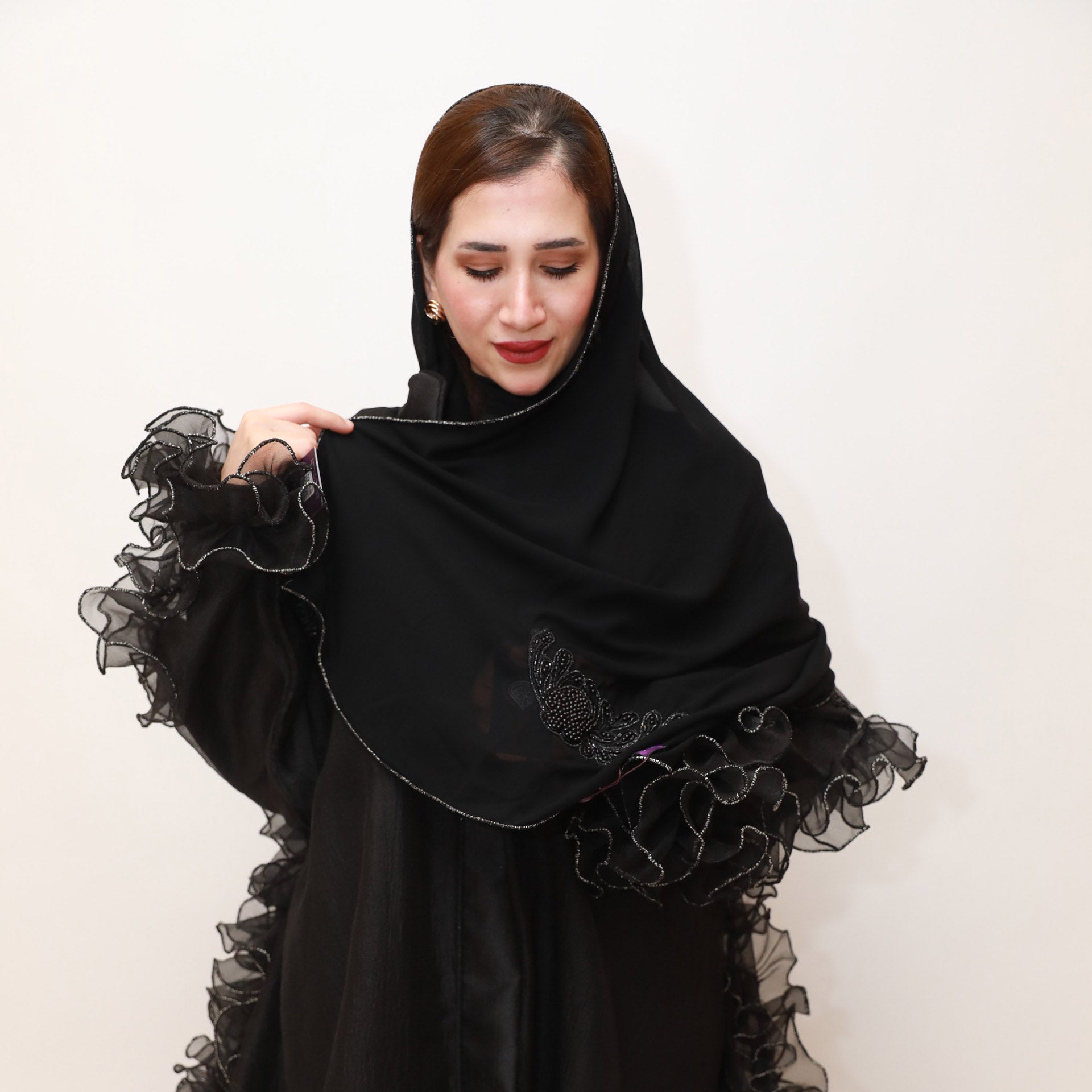 Black Organza Abaya with Ruffles by Khloud Al-Saadawi