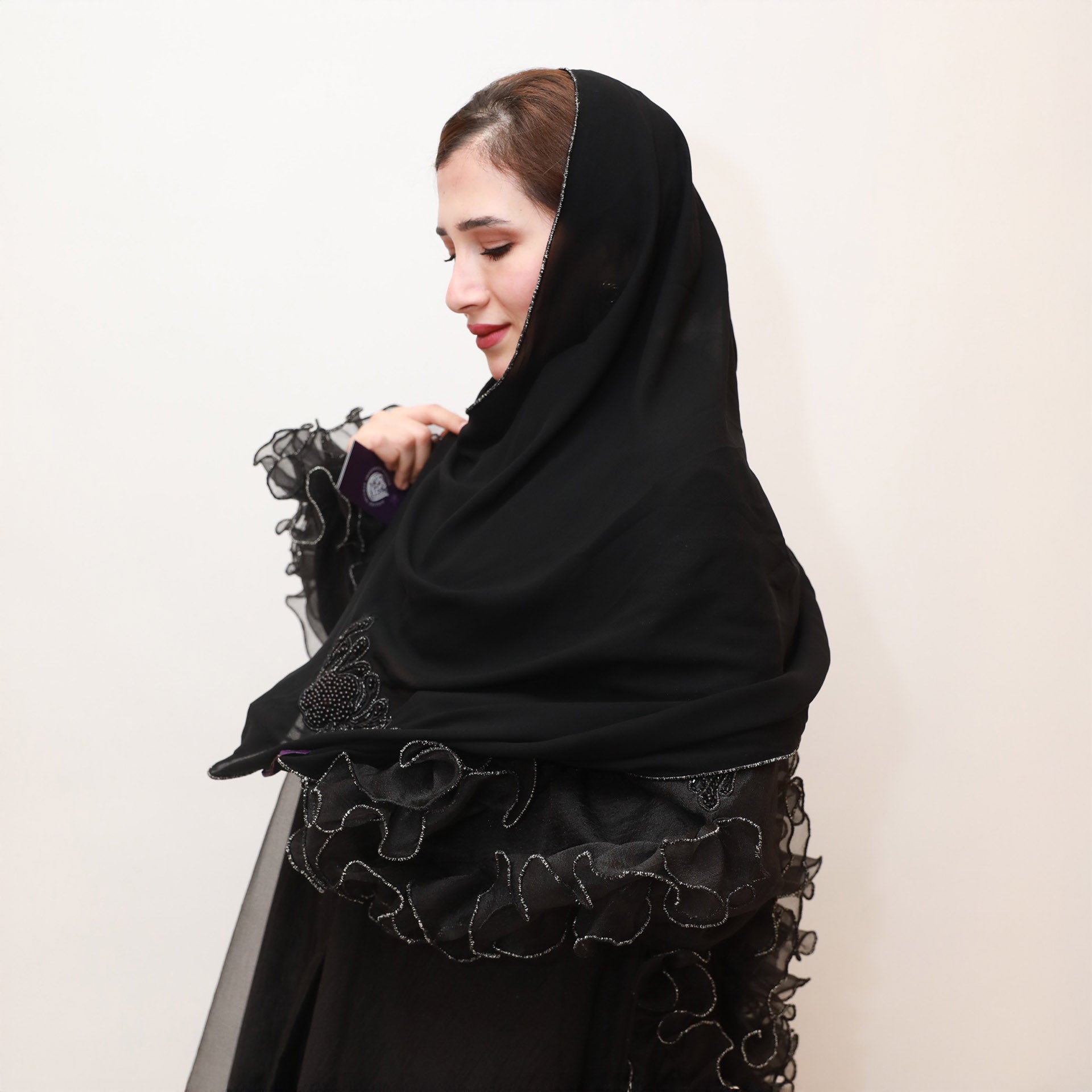 Black Organza Abaya with Ruffles by Khloud Al-Saadawi