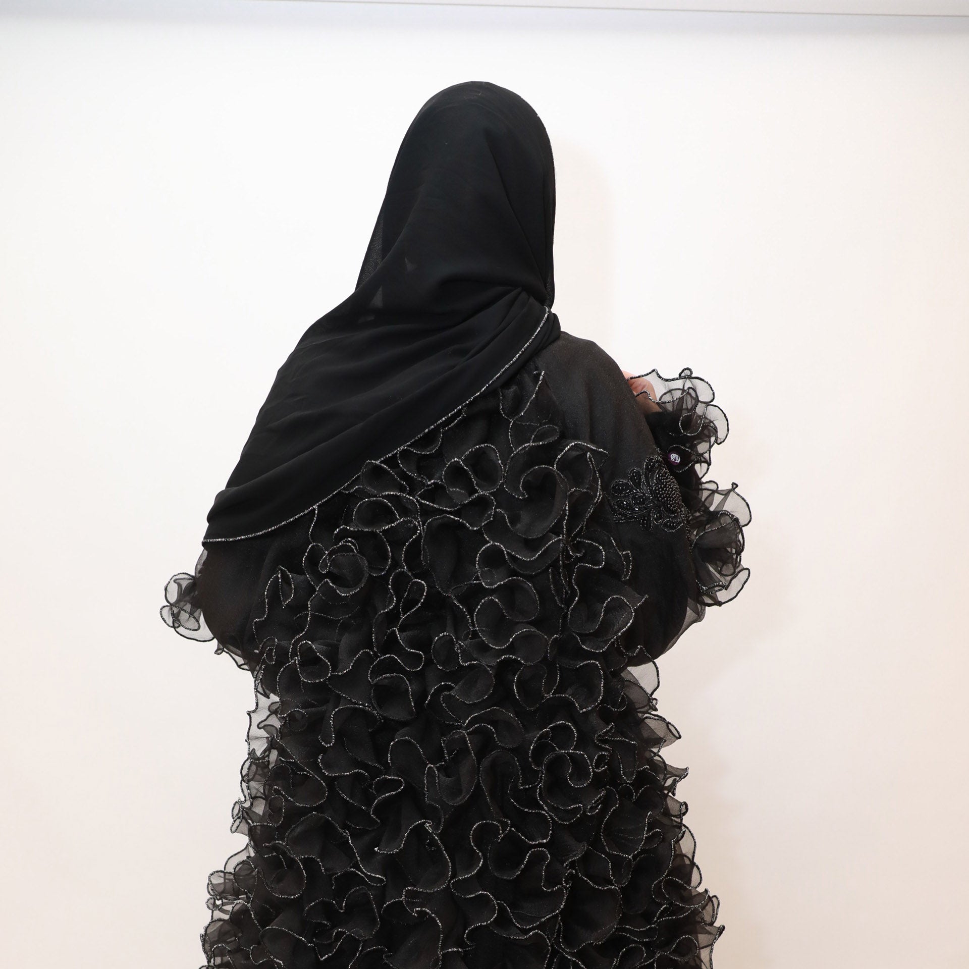 Black Organza Abaya with Ruffles by Khloud Al-Saadawi