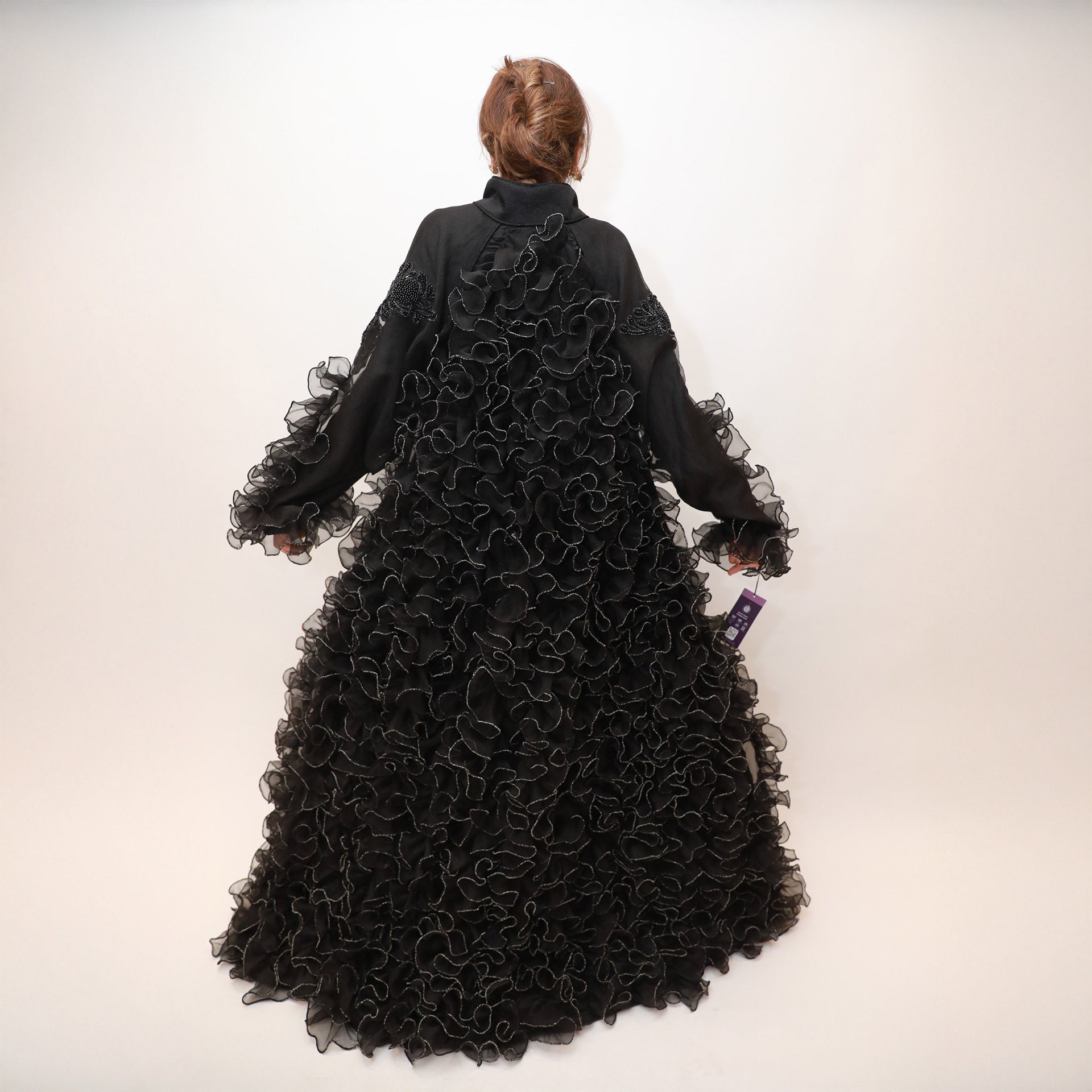 Black Organza Abaya with Ruffles by Khloud Al-Saadawi