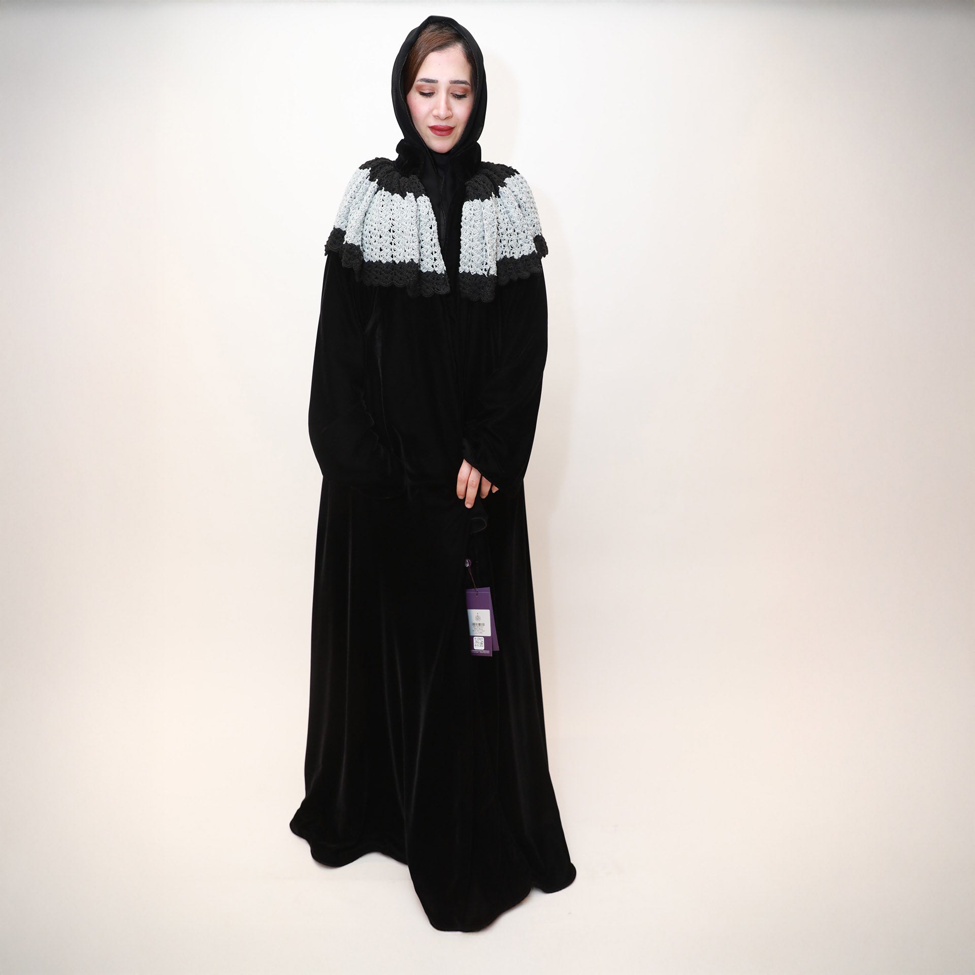 Black Velvet Abaya with Crochet by Khloud Al-Saadawi