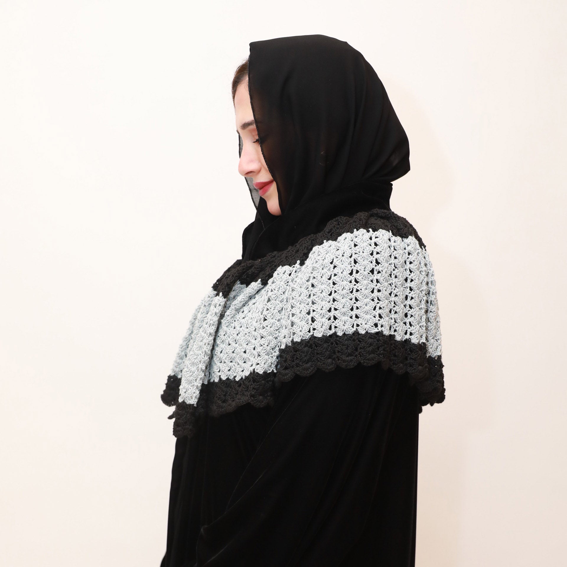 Black Velvet Abaya with Crochet by Khloud Al-Saadawi