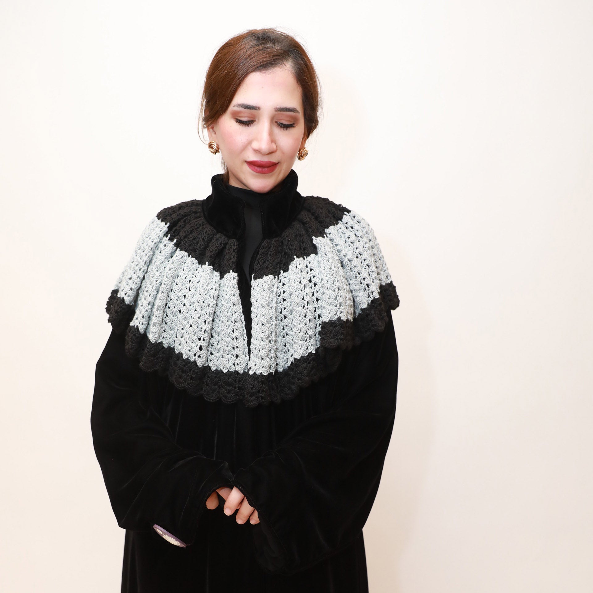 Black Velvet Abaya with Crochet by Khloud Al-Saadawi