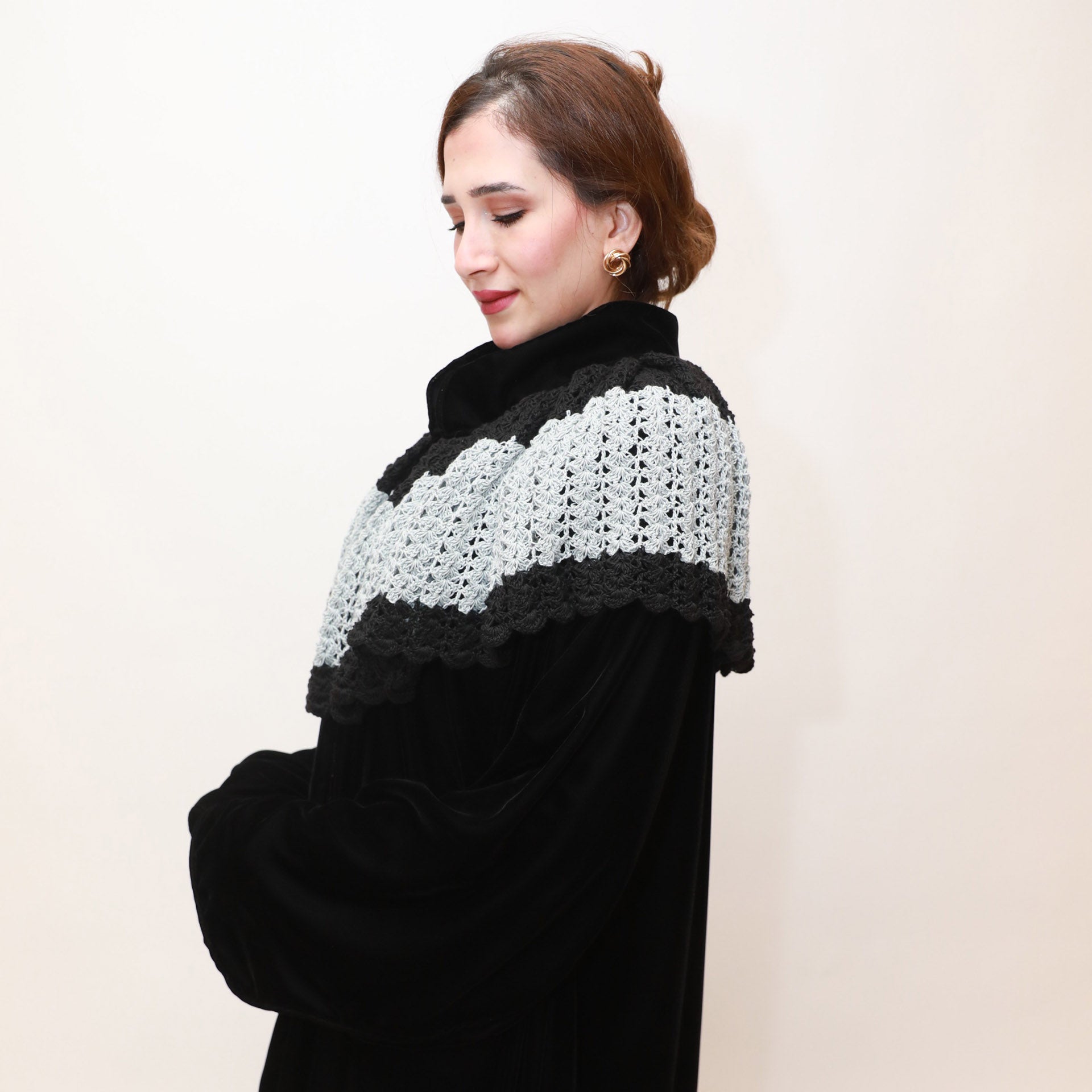 Black Velvet Abaya with Crochet by Khloud Al-Saadawi