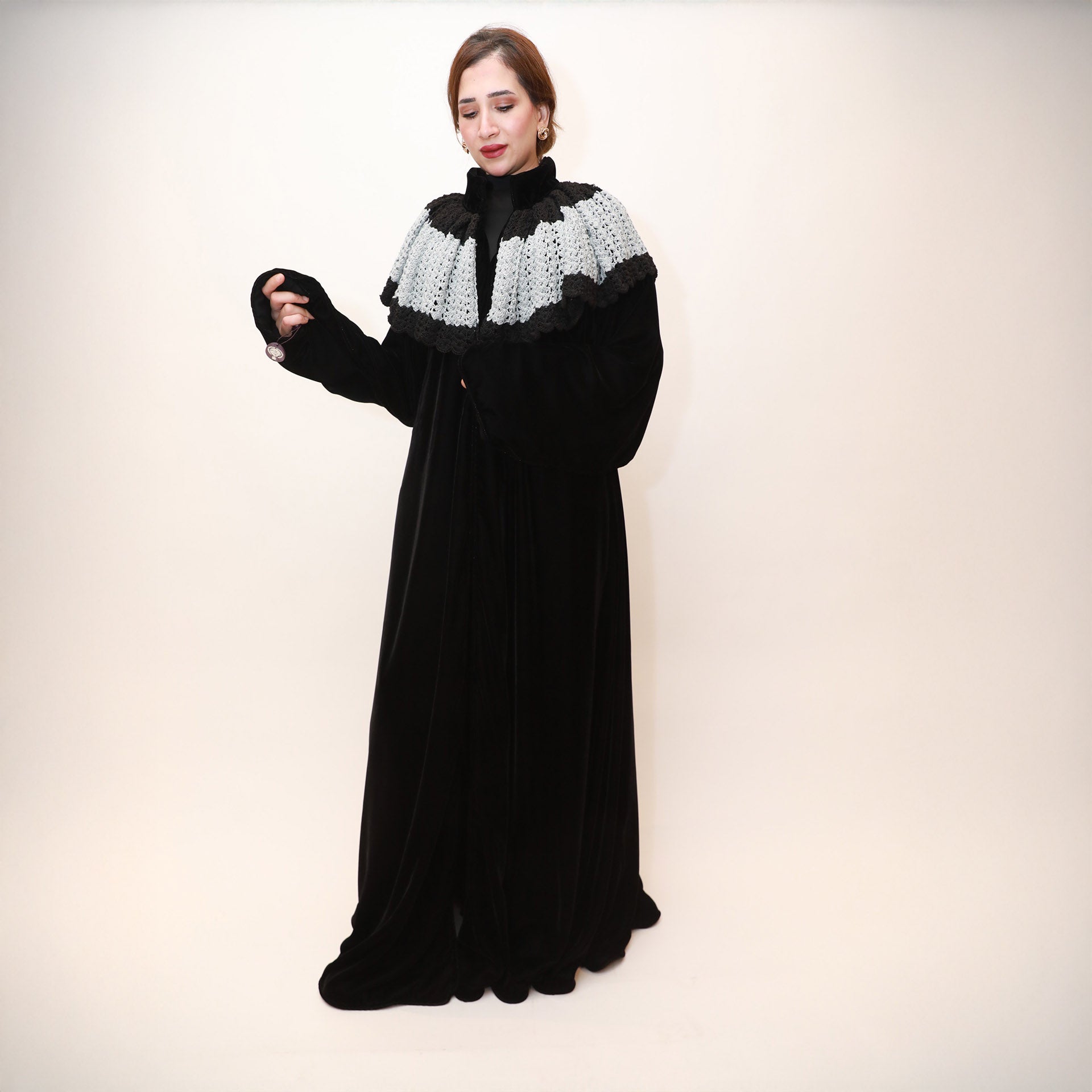 Black Velvet Abaya with Crochet by Khloud Al-Saadawi