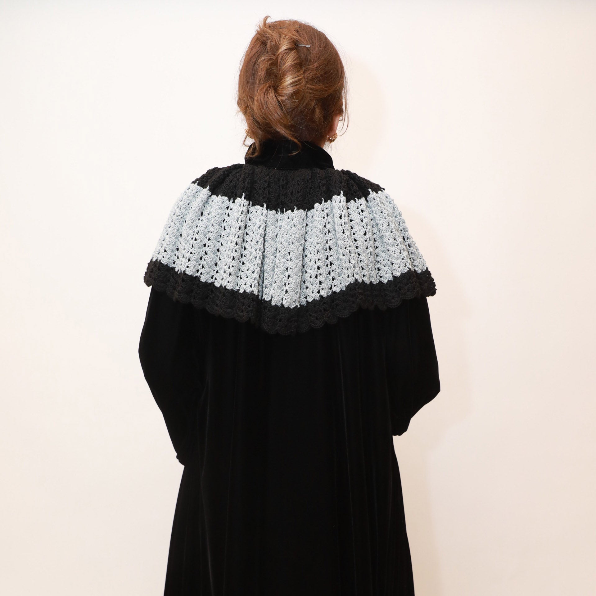 Black Velvet Abaya with Crochet by Khloud Al-Saadawi