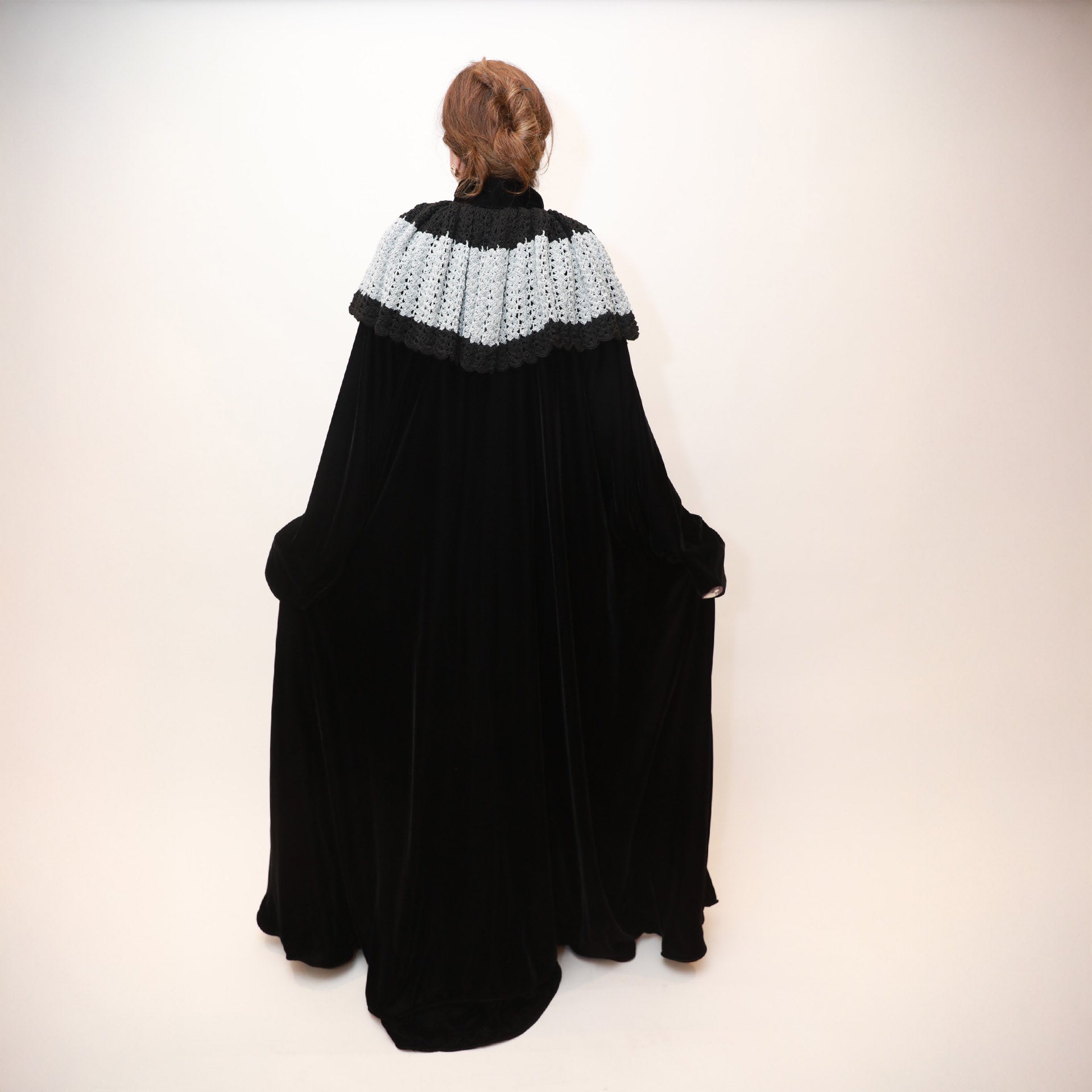 Black Velvet Abaya with Crochet by Khloud Al-Saadawi