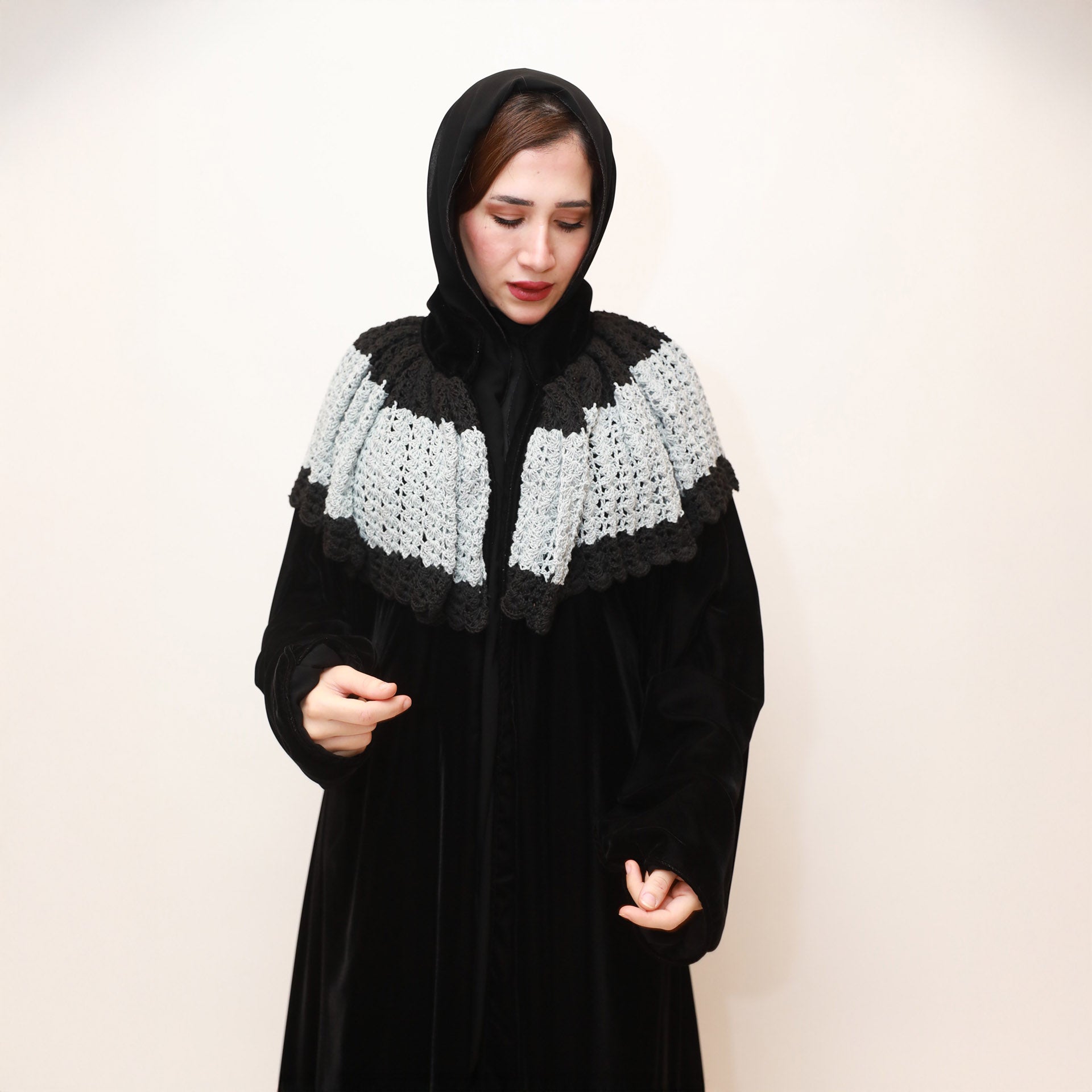 Black Velvet Abaya with Crochet by Khloud Al-Saadawi