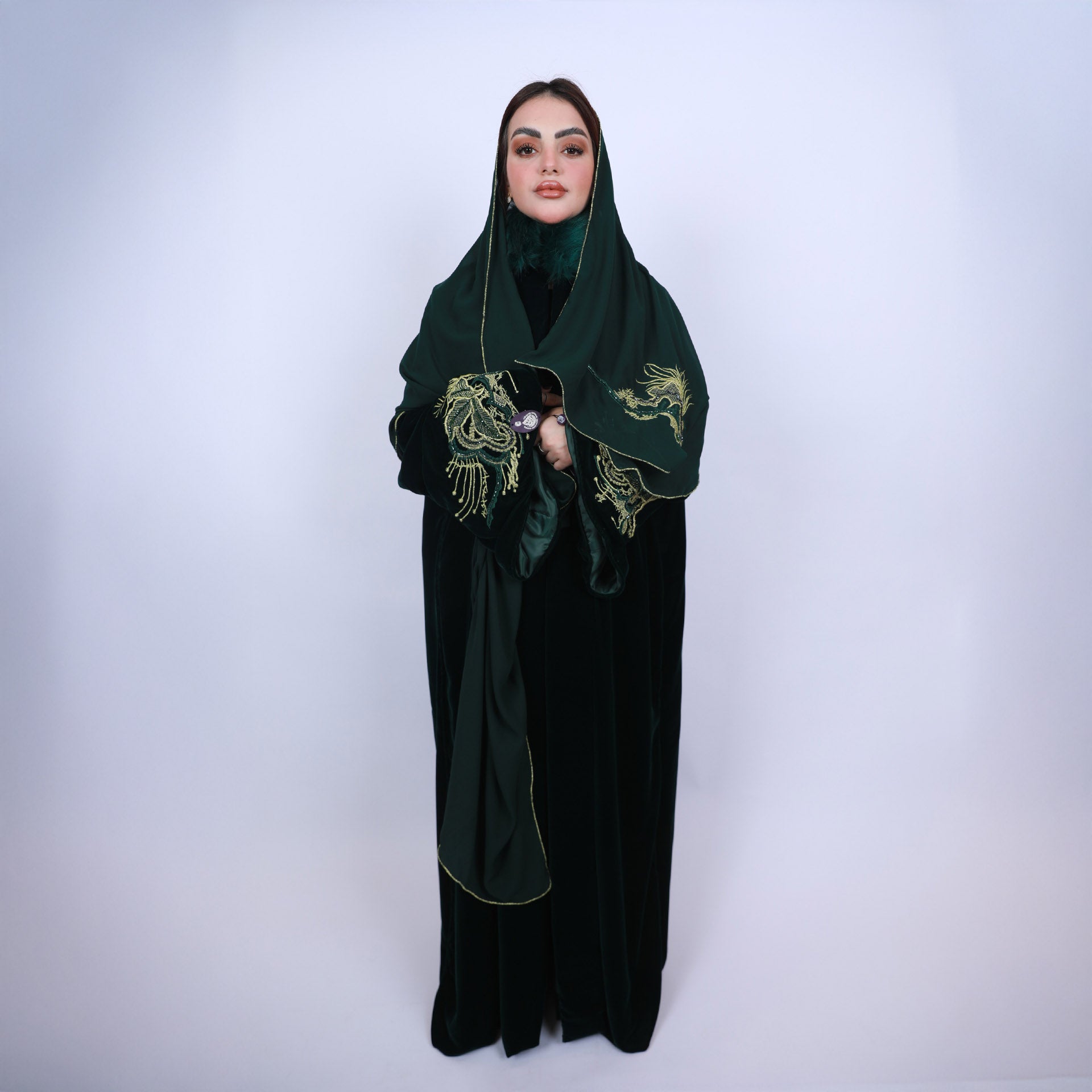 Green Velvet Abaya with Embroidery by Khloud Al-Saadawi