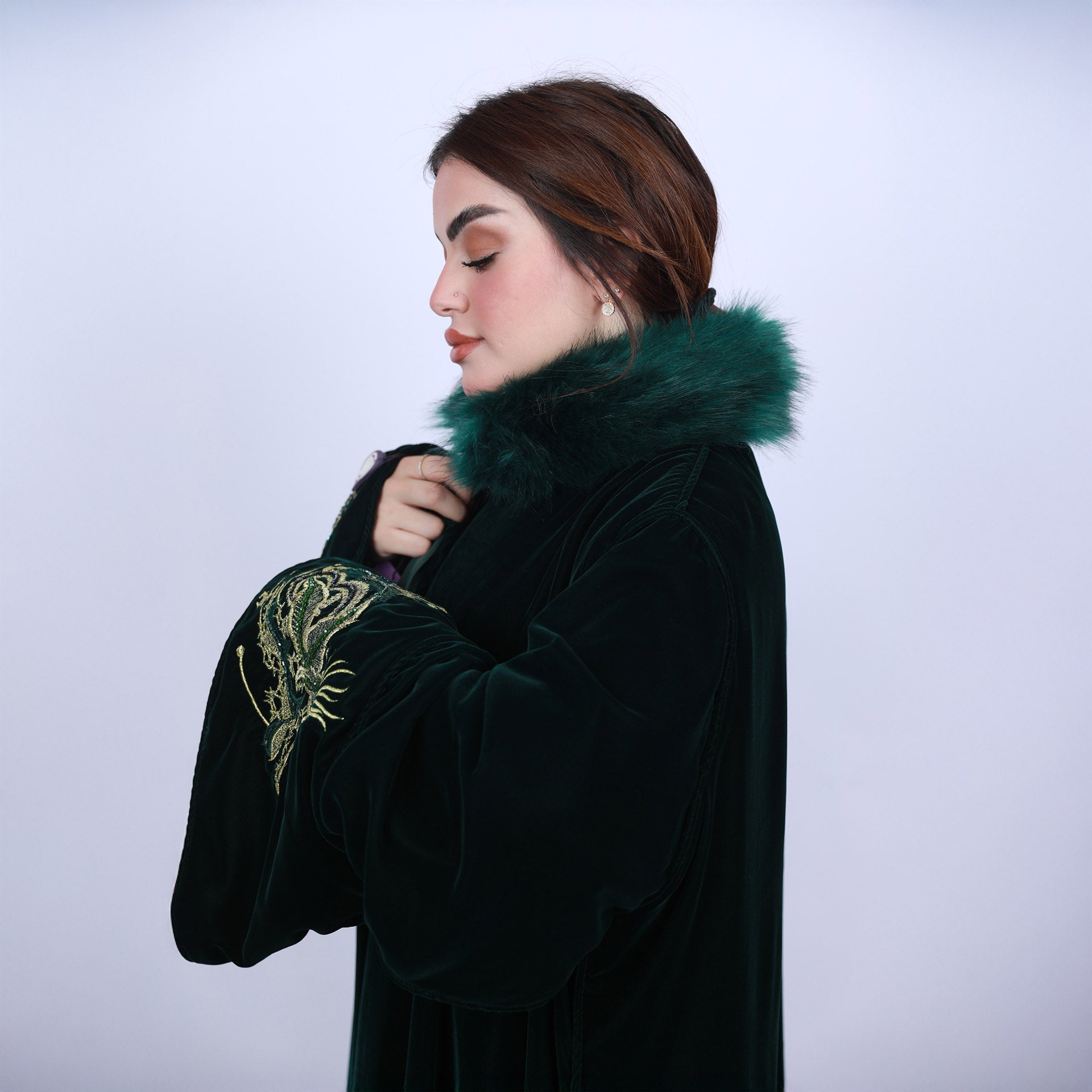 Green Velvet Abaya with Embroidery by Khloud Al-Saadawi