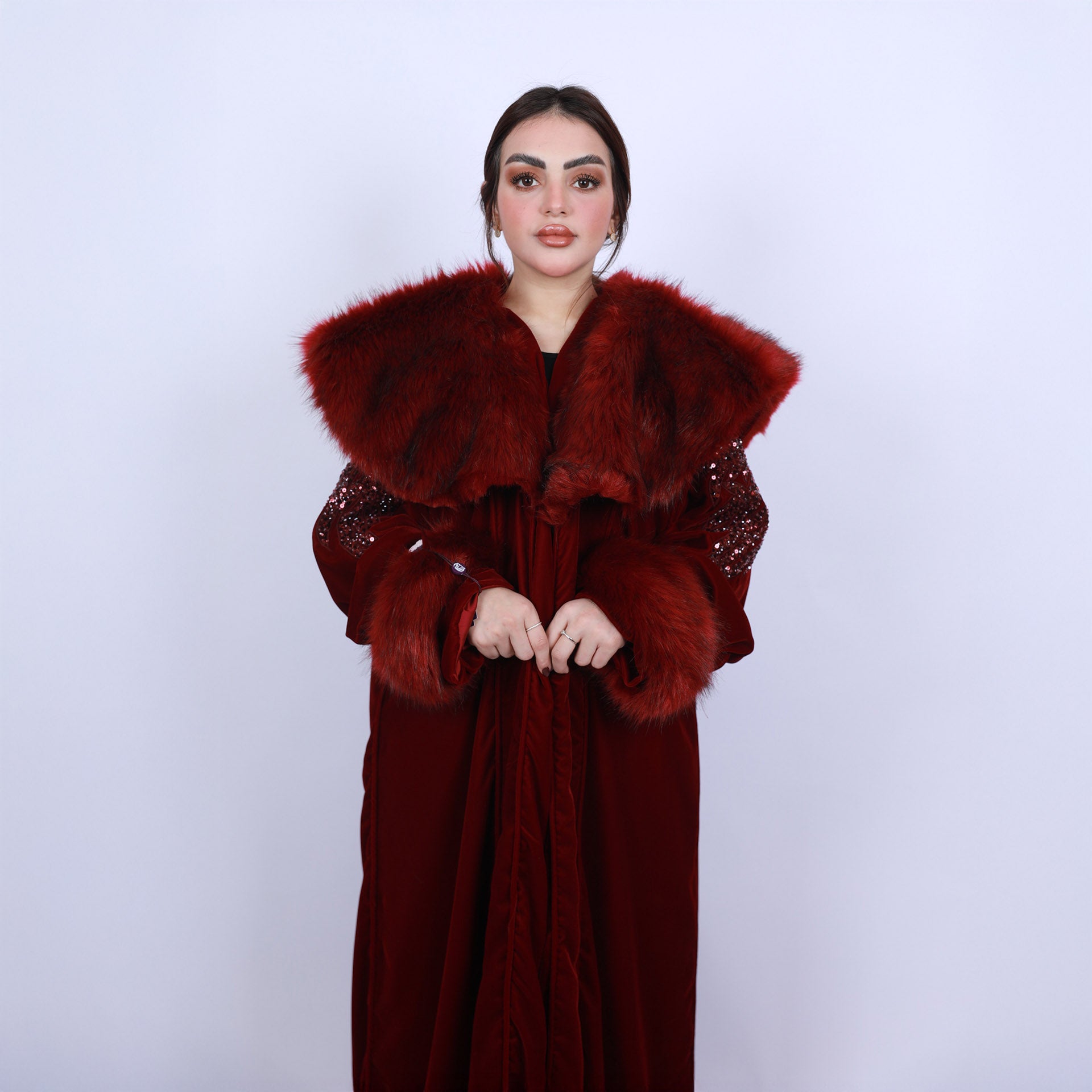 Burgundy Velvet Abaya with Fur by Khloud Al-Saadawi