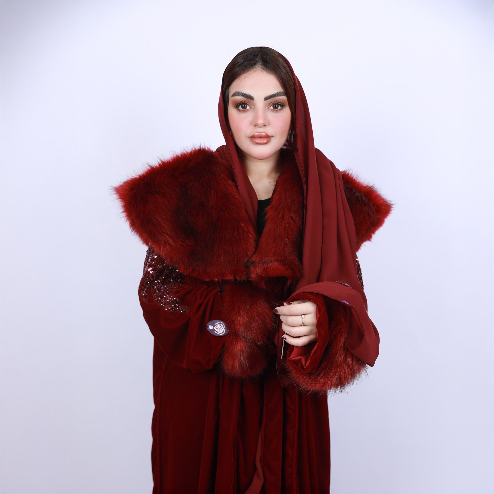 Burgundy Velvet Abaya with Fur by Khloud Al-Saadawi