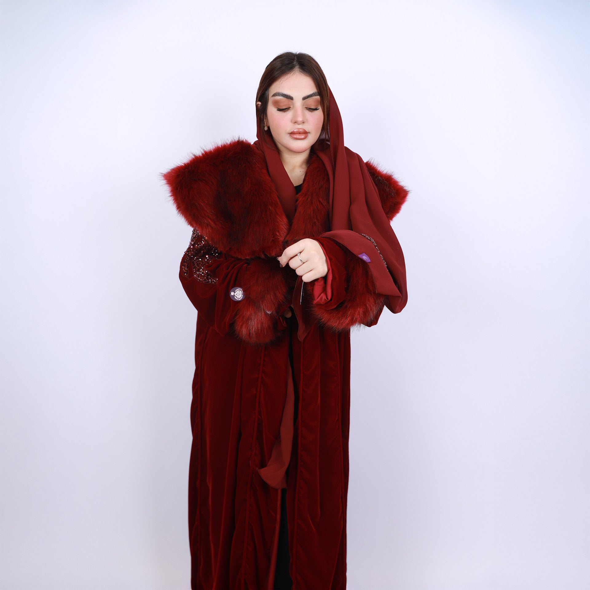 Burgundy Velvet Abaya with Fur by Khloud Al-Saadawi