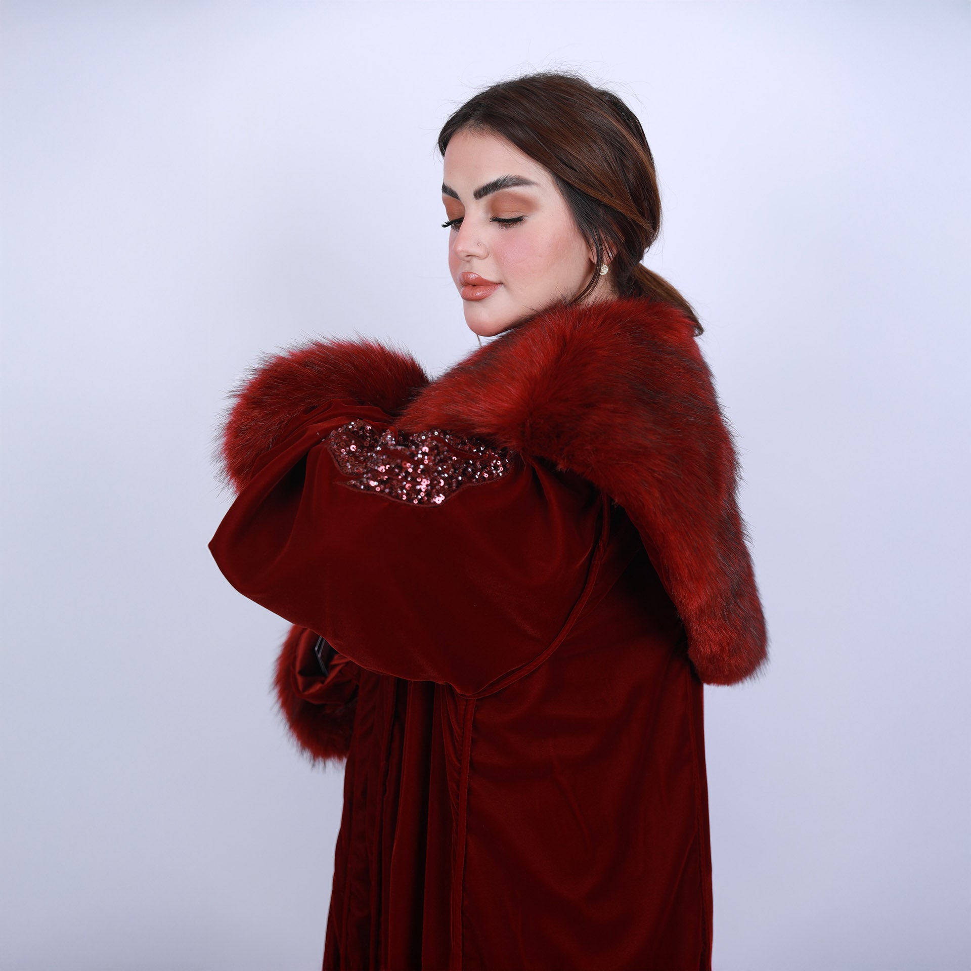 Burgundy Velvet Abaya with Fur by Khloud Al-Saadawi