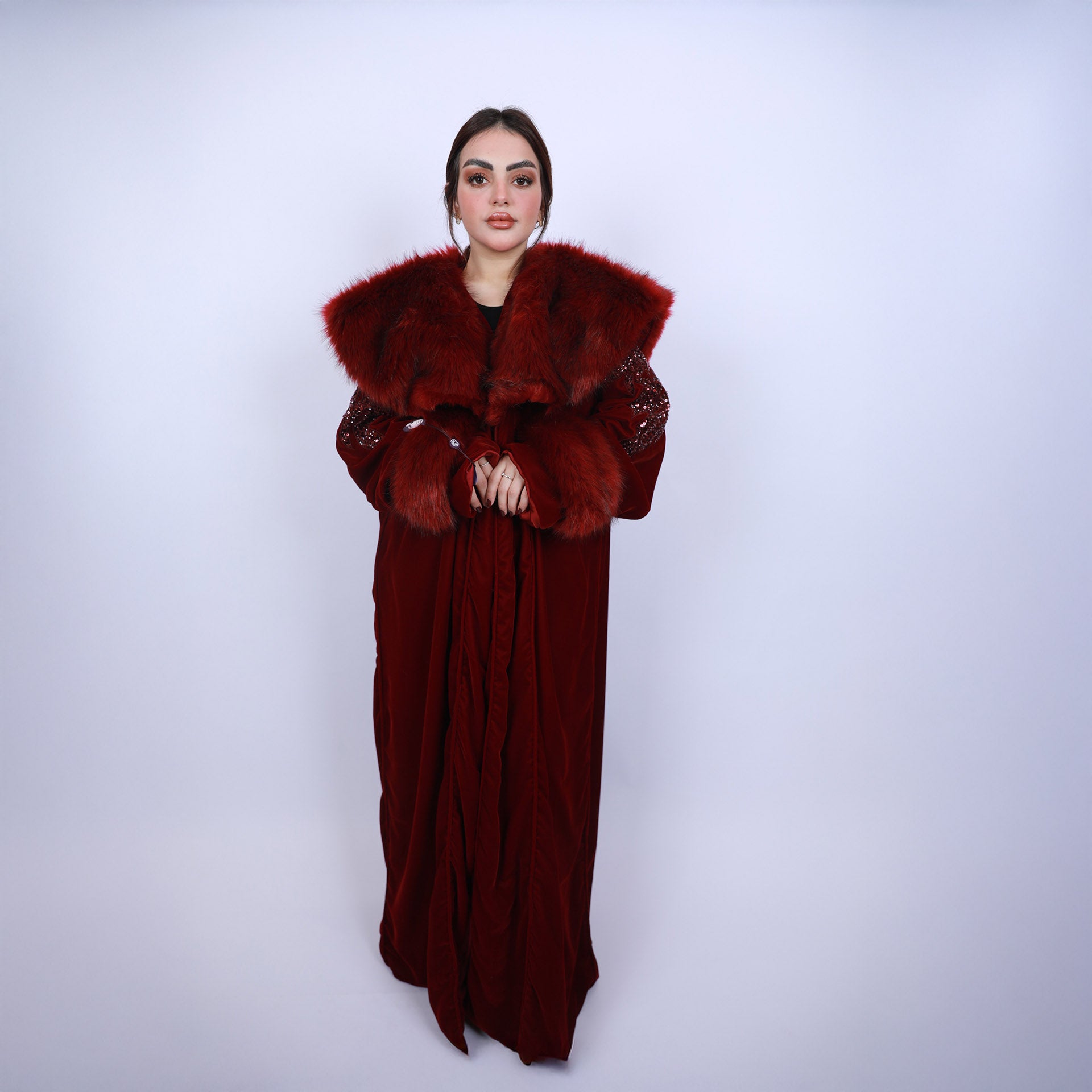 Burgundy Velvet Abaya with Fur by Khloud Al-Saadawi