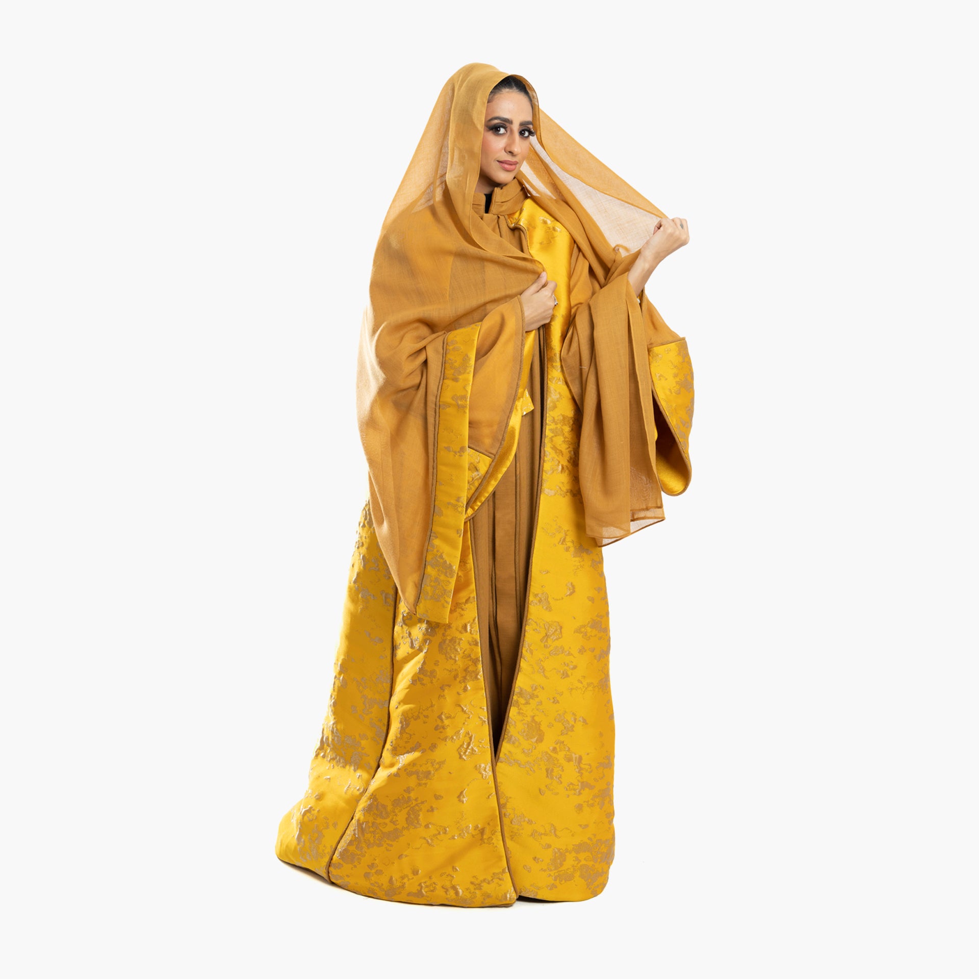 Gold Wool Embroidery Abaya by Khloud Al-Saadawi