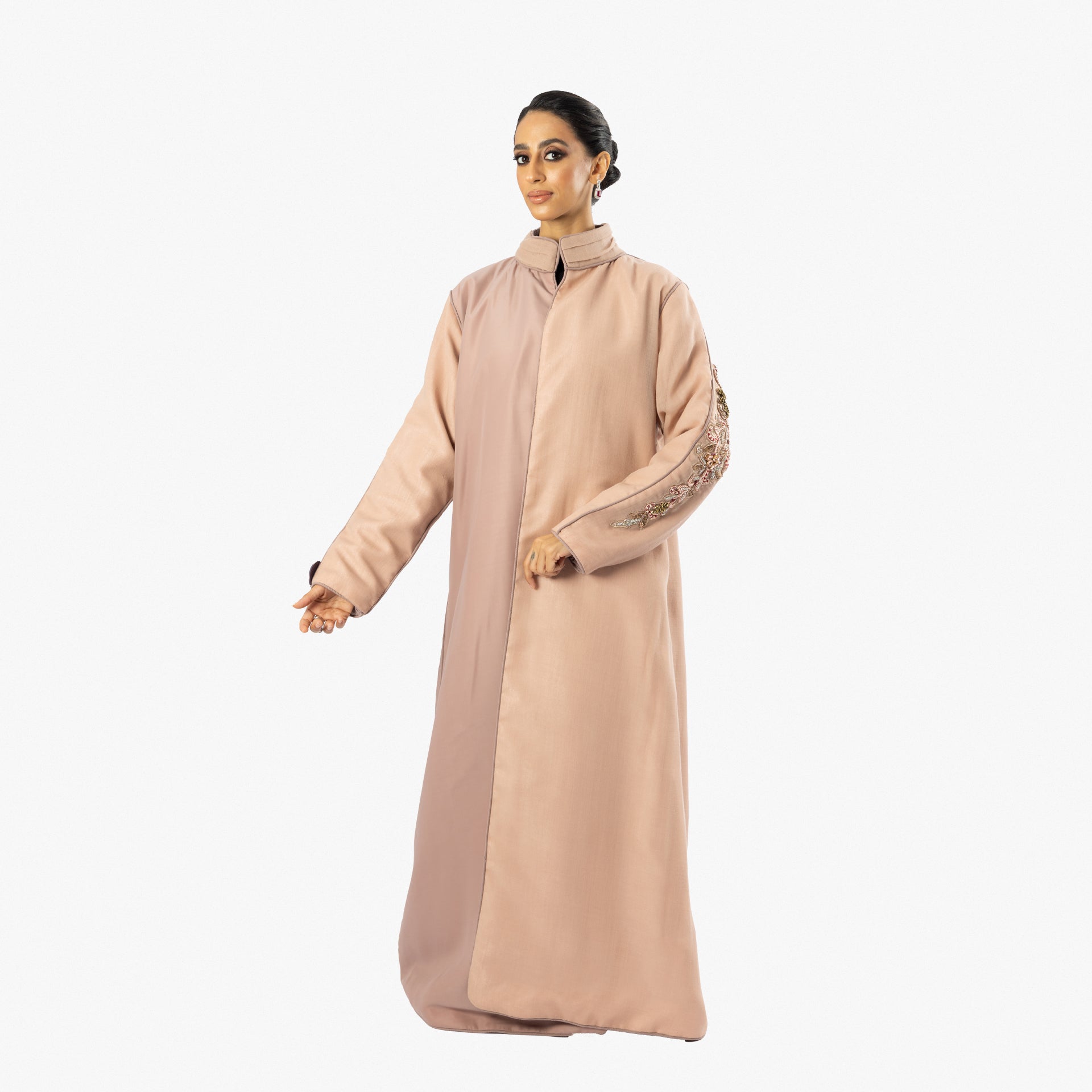 Pink Wool Embroidery Abaya by Khloud Al-Saadawi