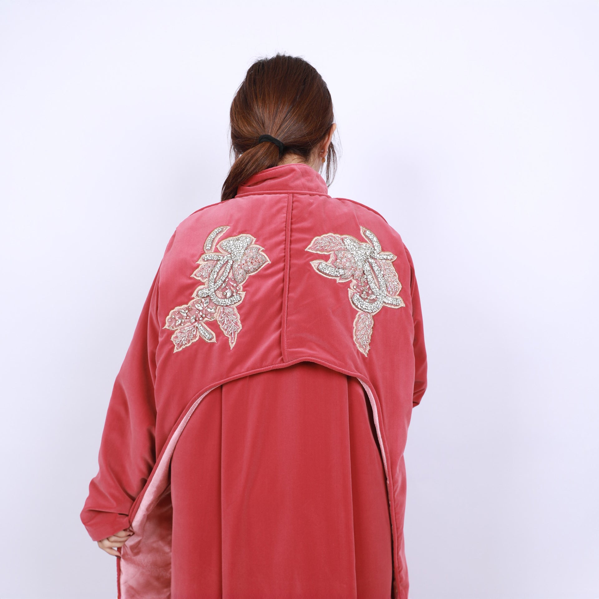 Pink Velvet Abaya with Embroidery by Khloud Al-Saadawi