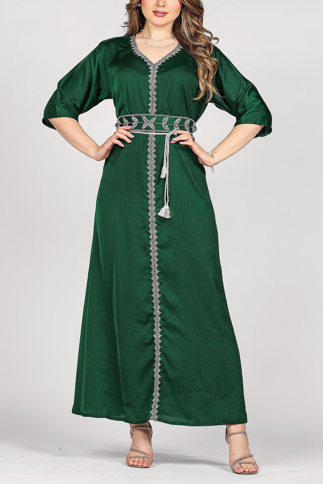 Green Hand-Embroidered Luxury Kaftan by Marwa Ghassan