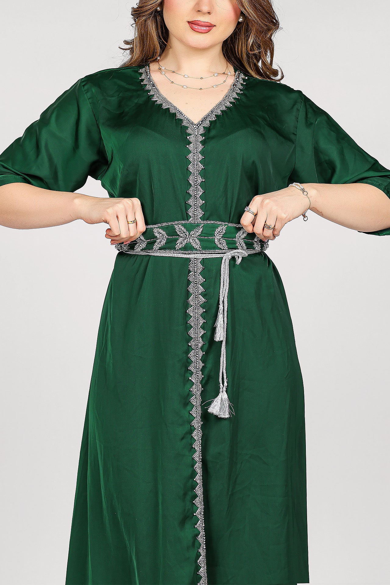 Green Hand-Embroidered Luxury Kaftan by Marwa Ghassan