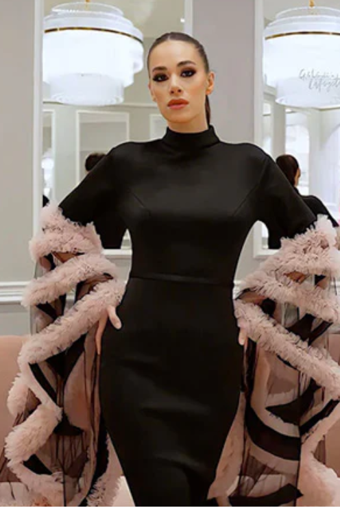 Black & Pink Neoprene Tappered Gown With Ruffles Bell Sleeves From AAVVA