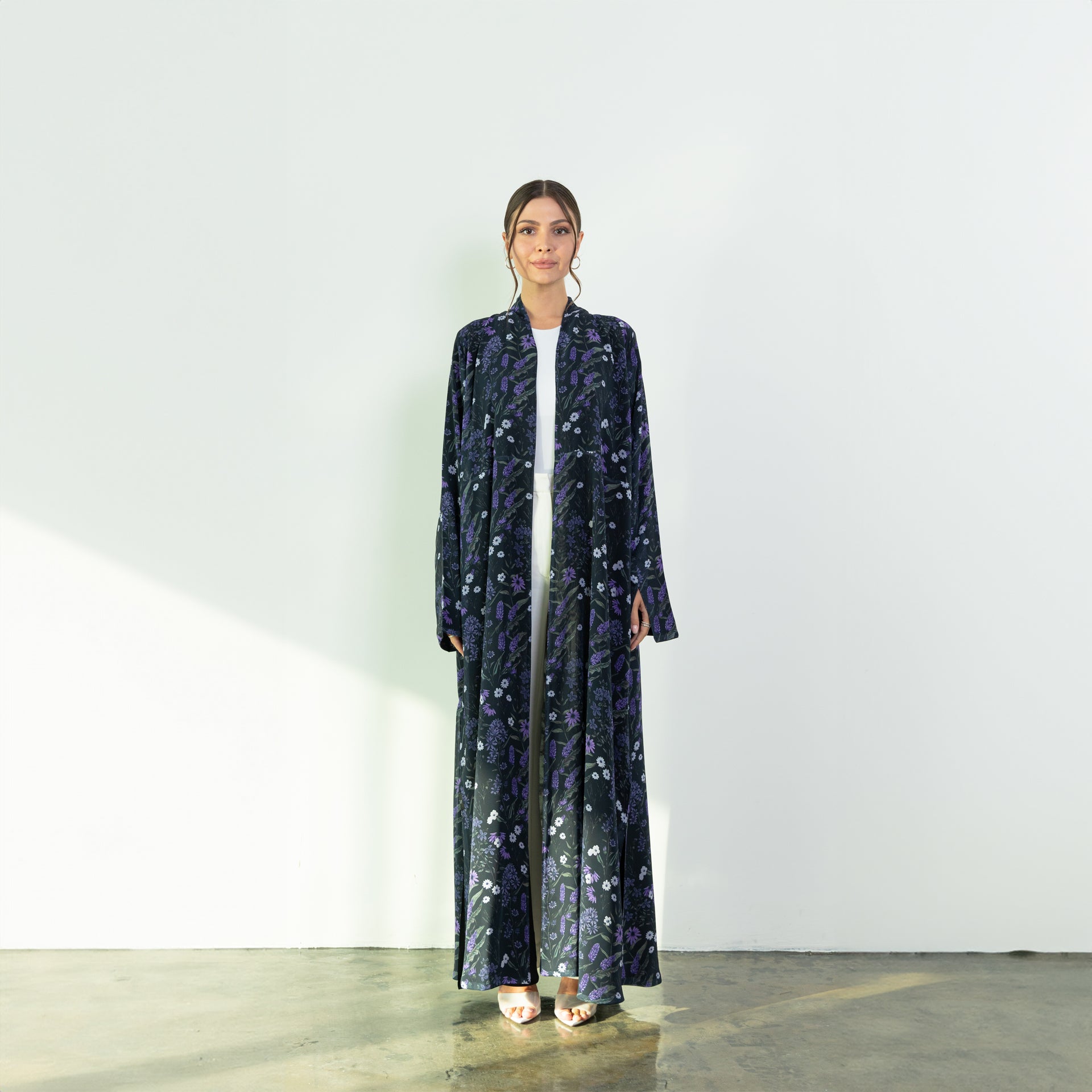 Black Chiffon Floral Print Abaya by Nouf