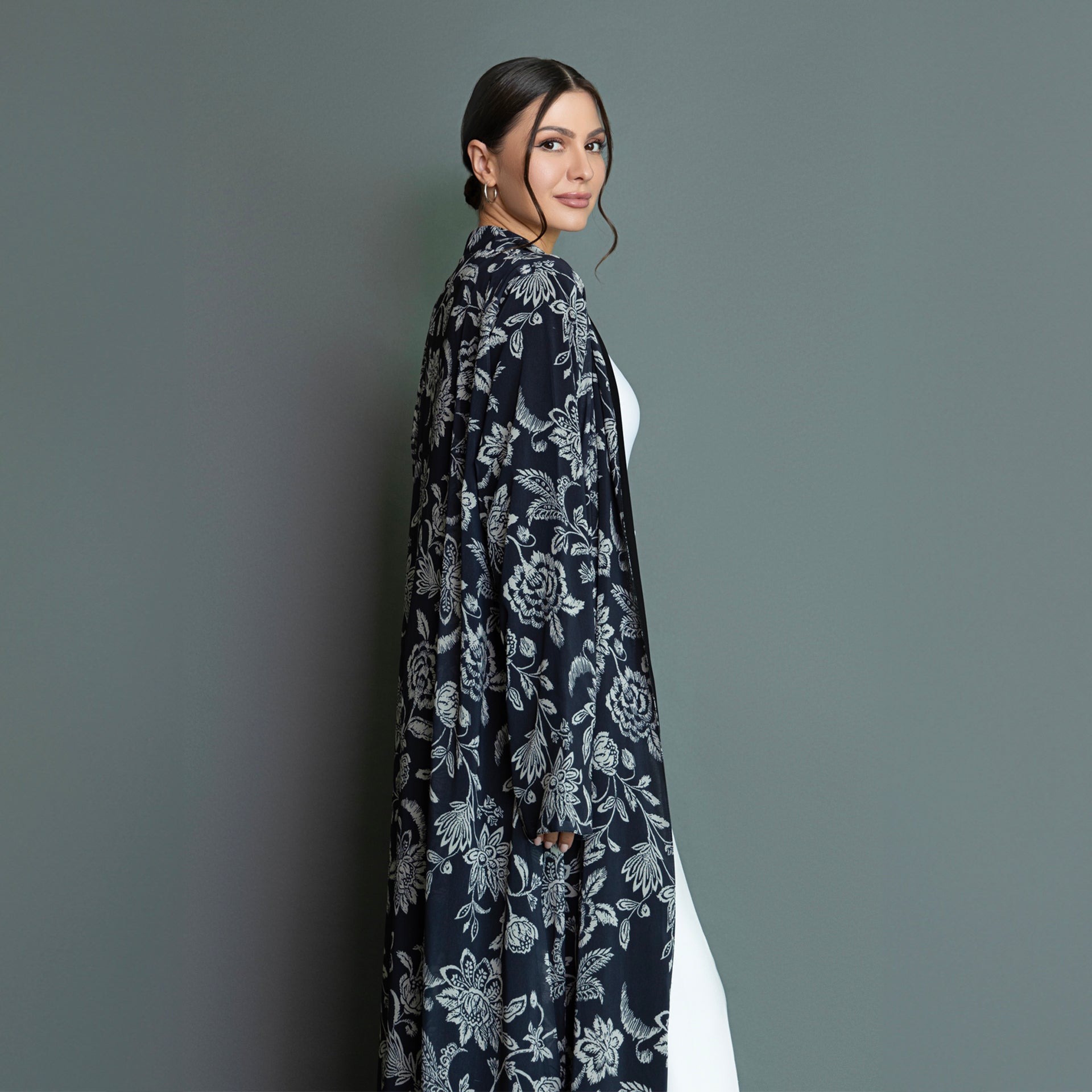 Black Chiffon White Flowers Abaya by Nouf