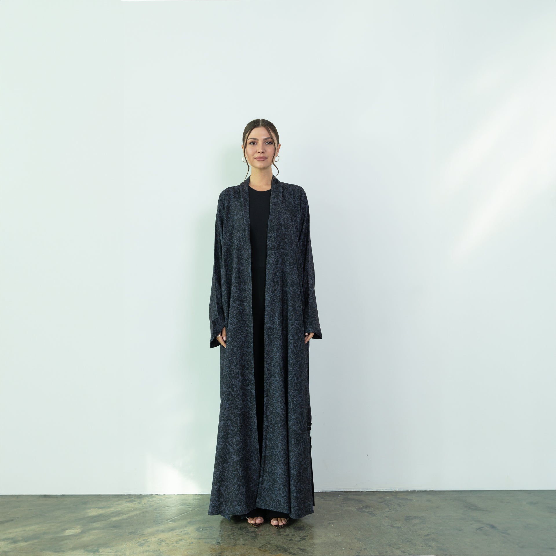 Black Chiffon with Gray Dantel Printed Abaya by Nouf