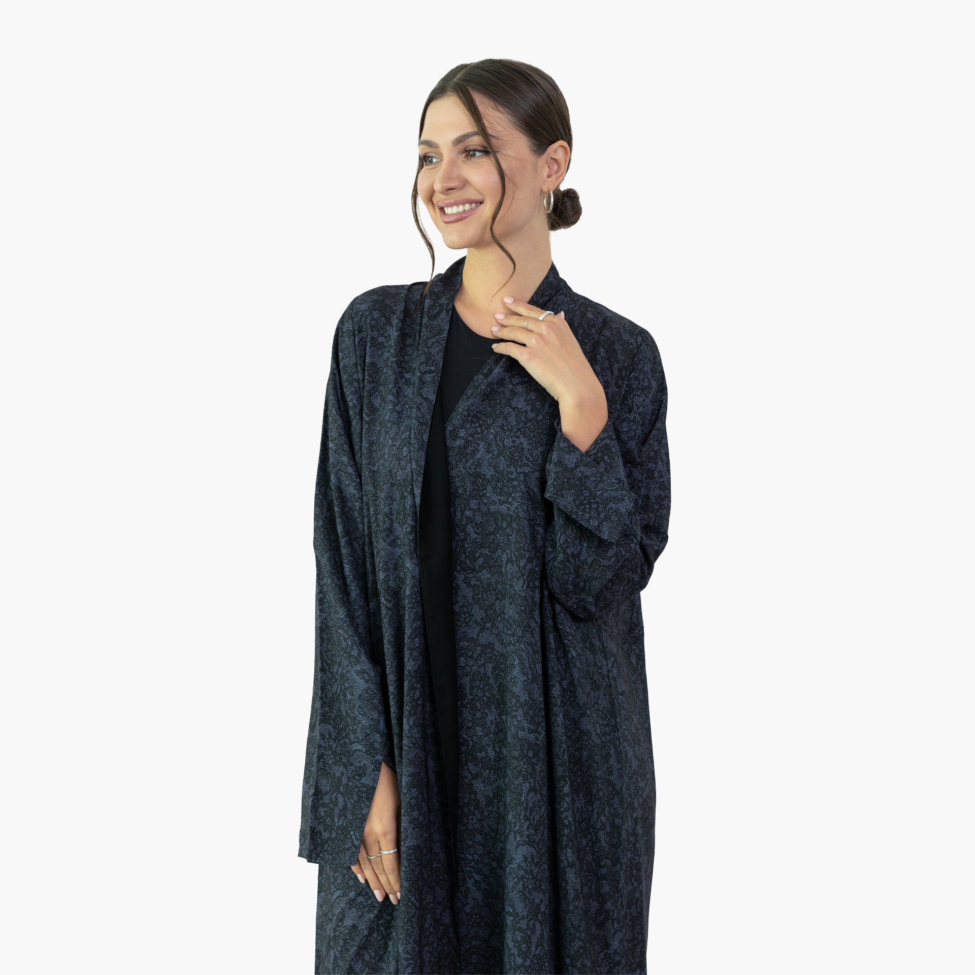 Black Chiffon with Gray Dantel Printed Abaya by Nouf