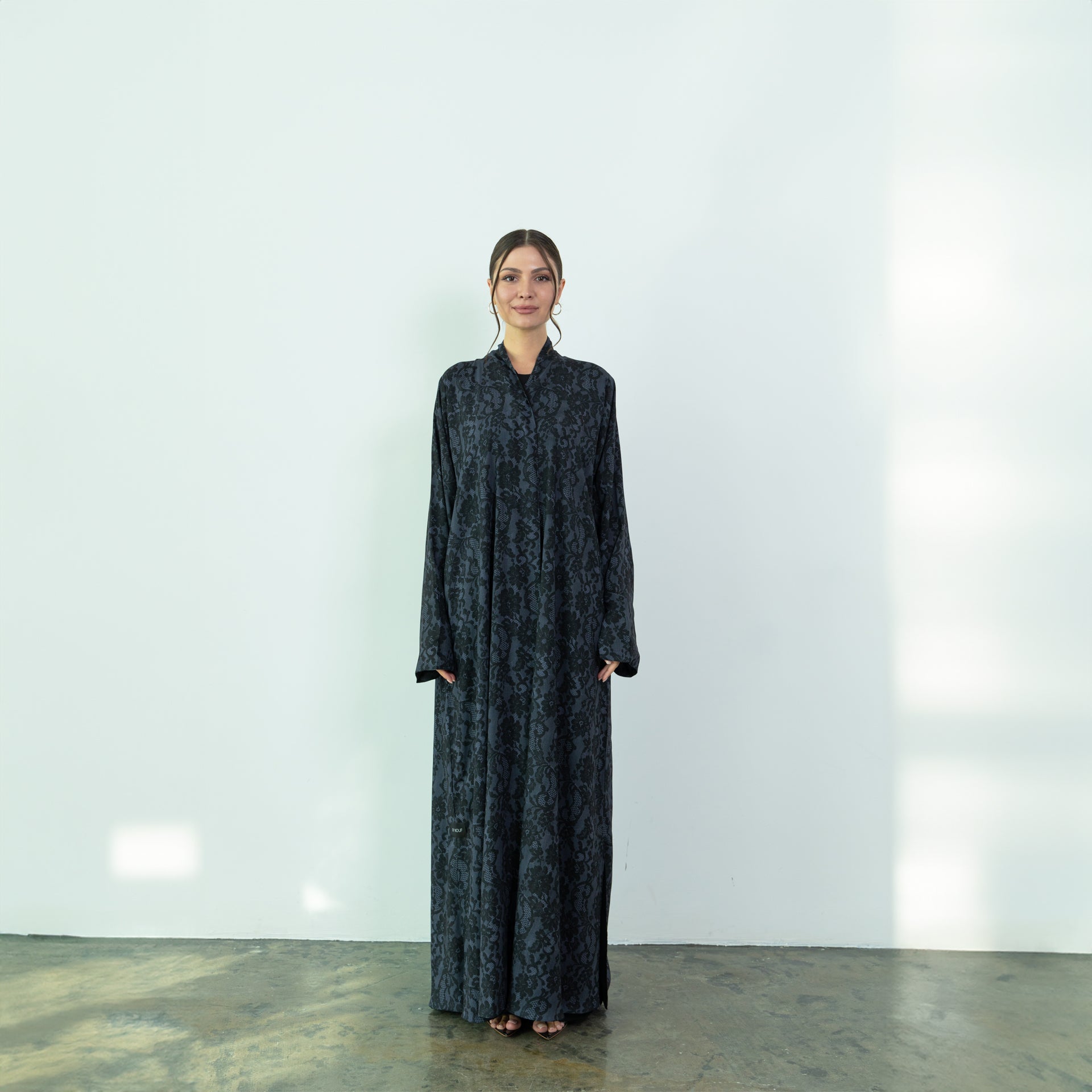 Black Chiffon with Gray Dantel Printed Abaya by Nouf