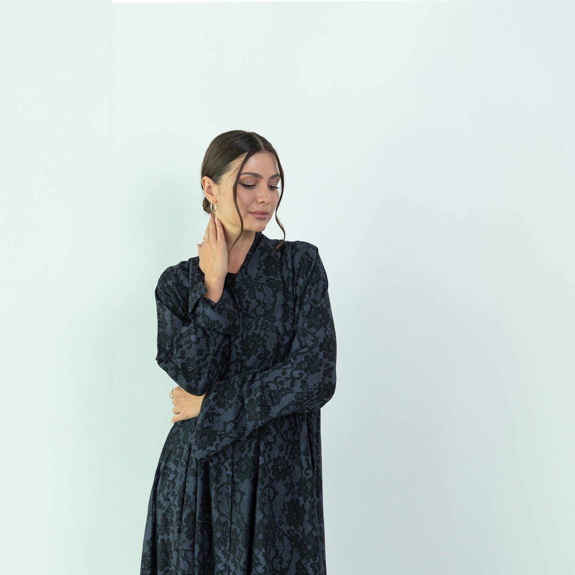 Black Chiffon with Gray Dantel Printed Abaya by Nouf