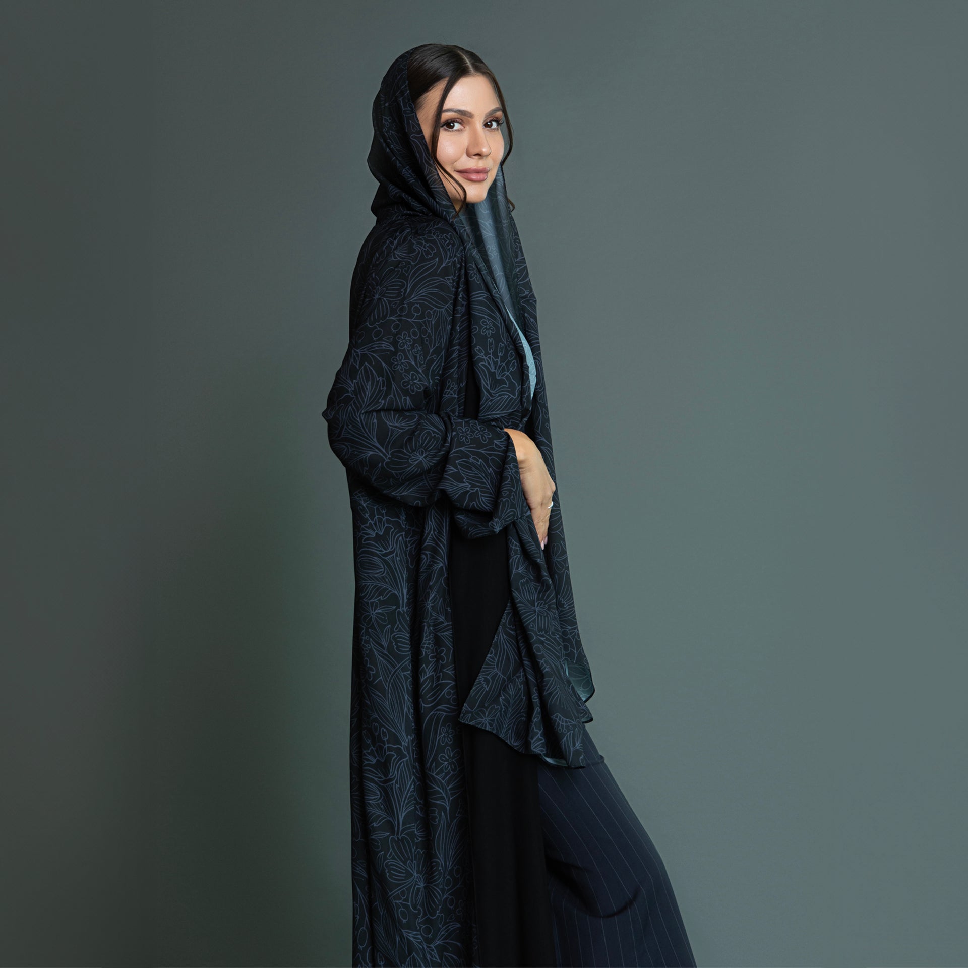 Black Chiffon Gray Floral Abaya by Nouf