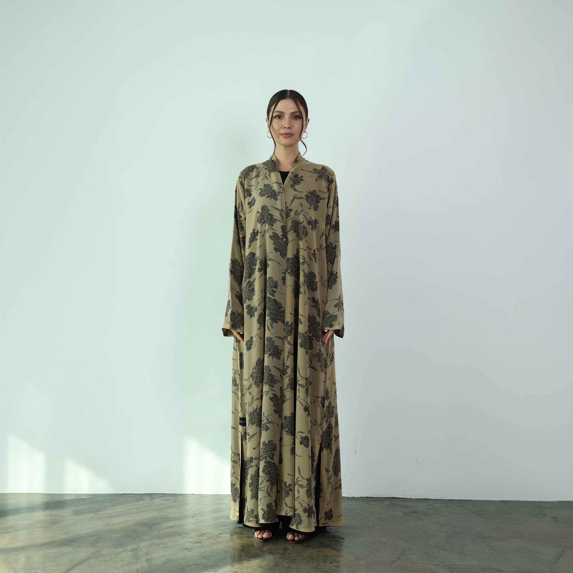 Beige Chiffon Floral Abaya by Nouf