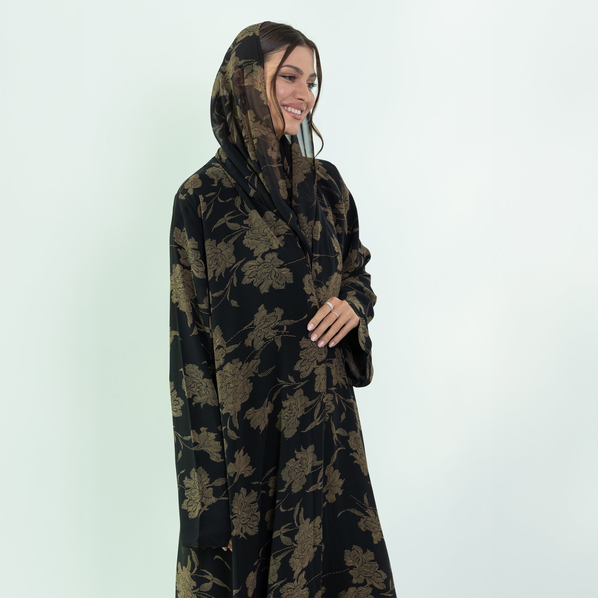 Black Chiffon Floral Abaya by Nouf