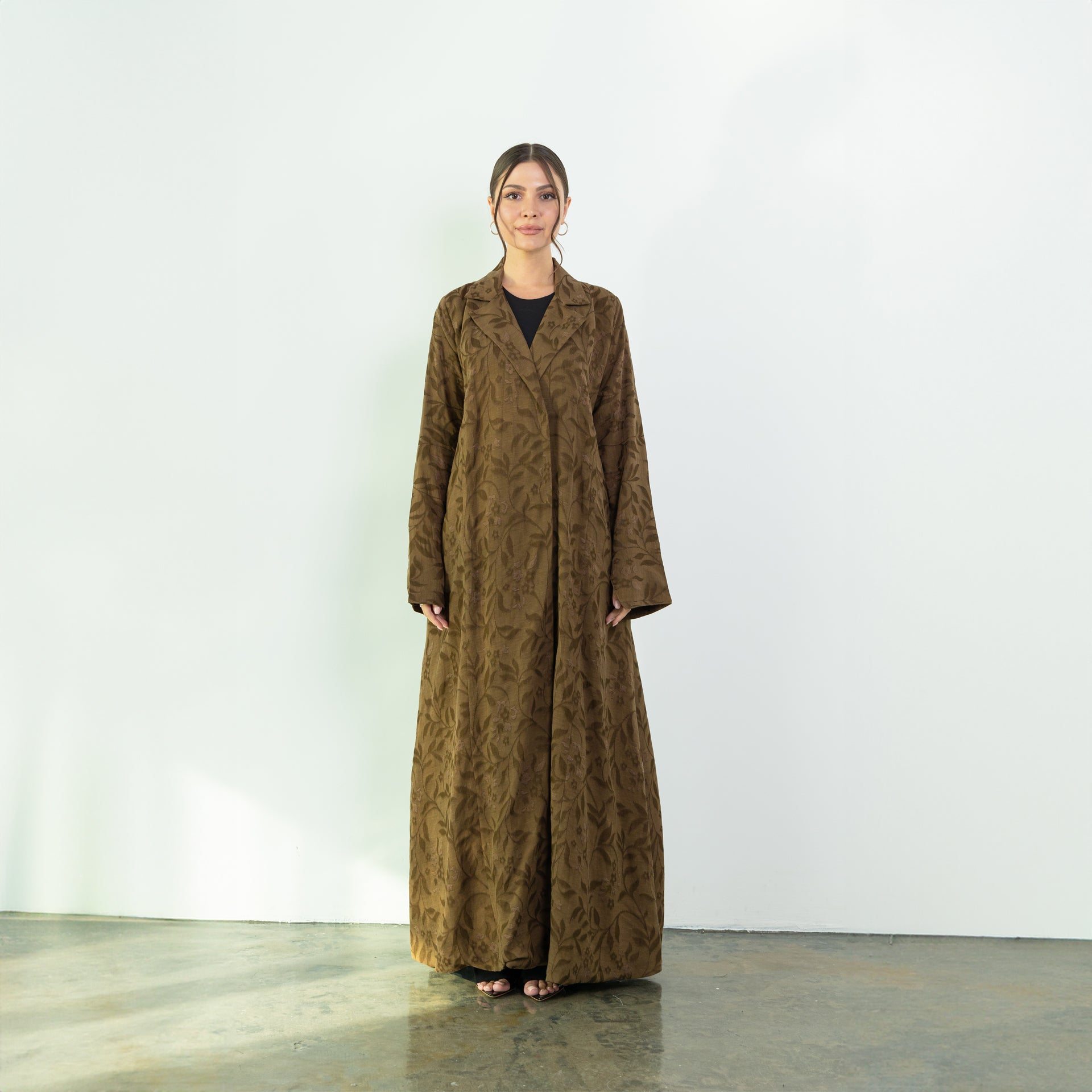 Brown Linen Floral Abaya by Nouf