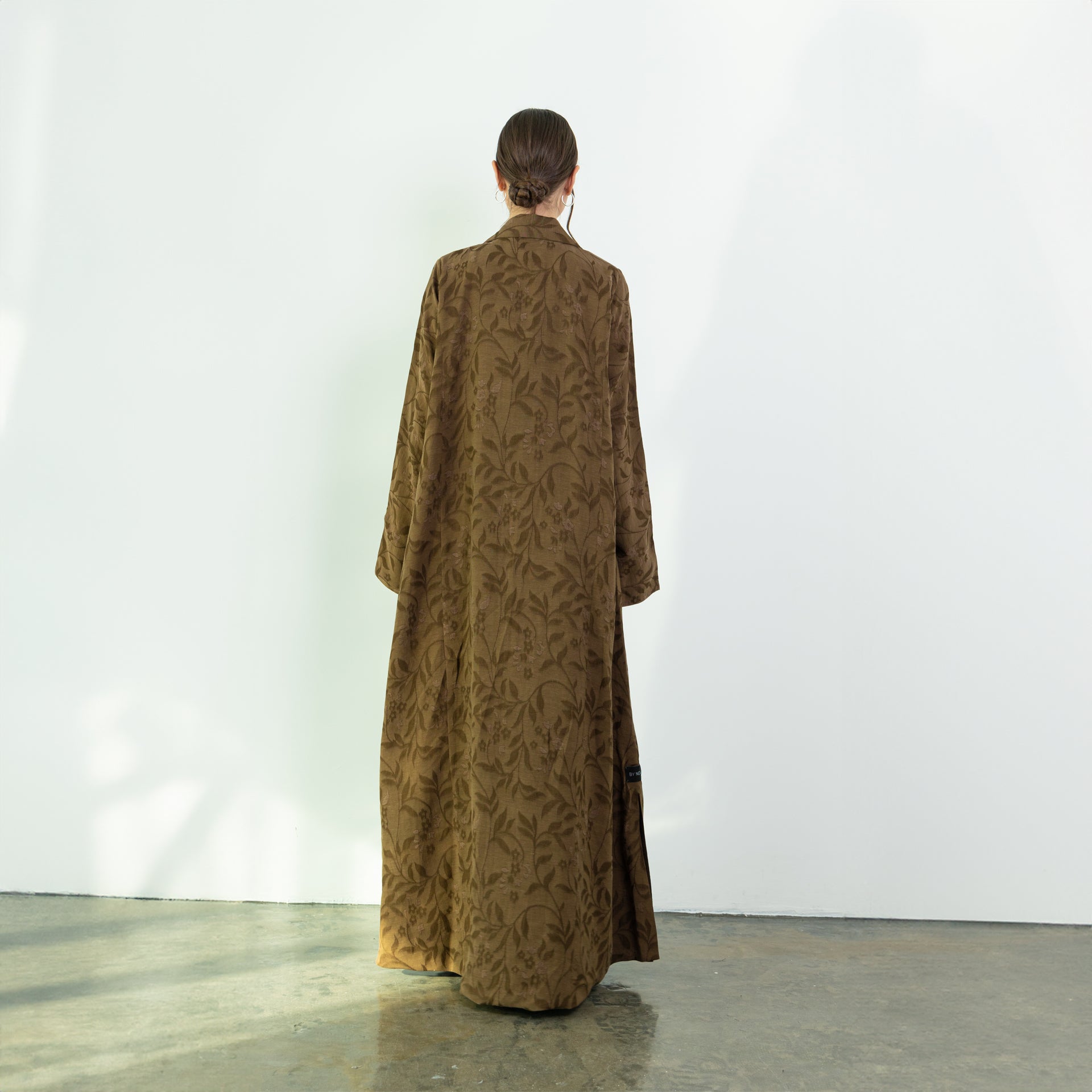 Brown Linen Floral Abaya by Nouf