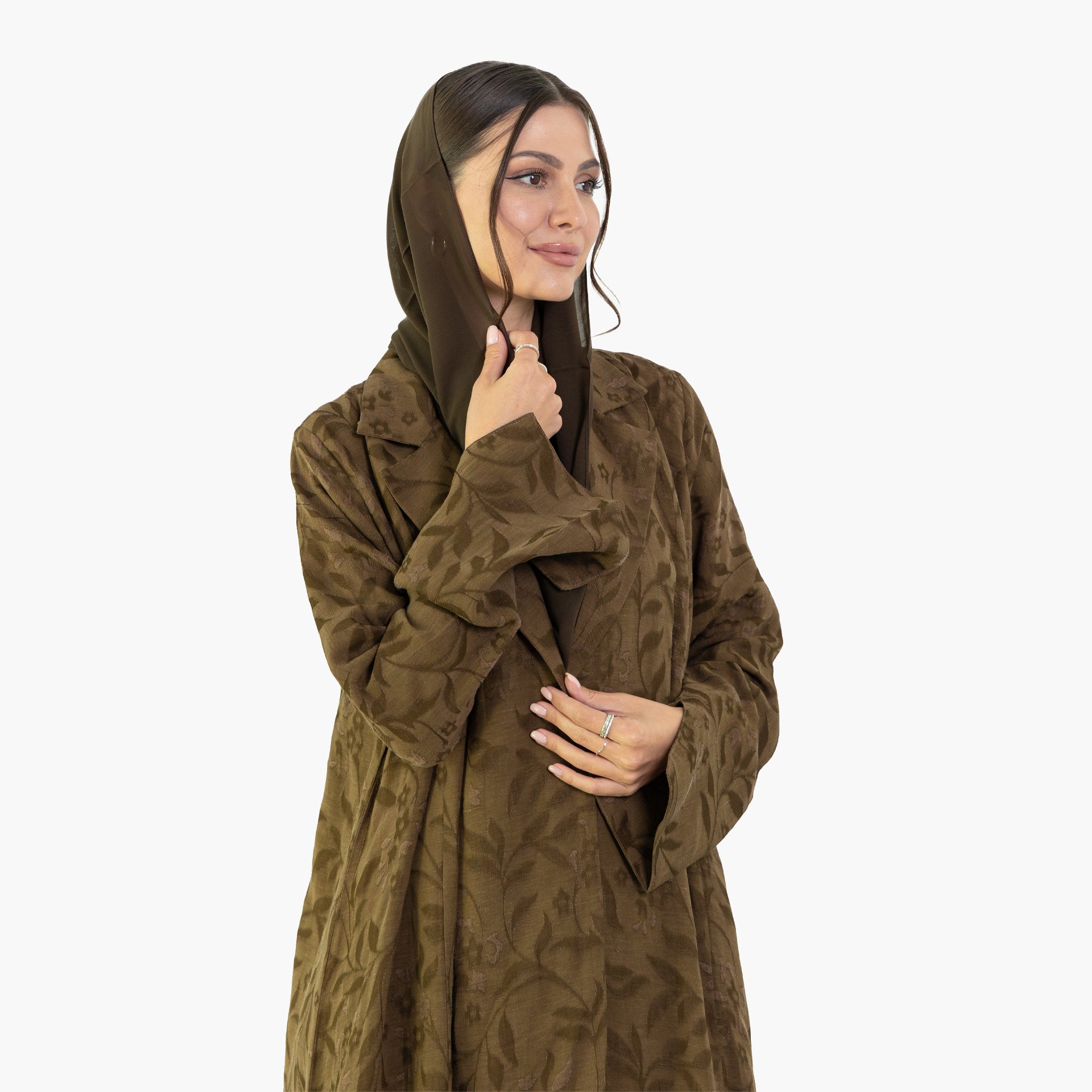 Brown Linen Floral Abaya by Nouf