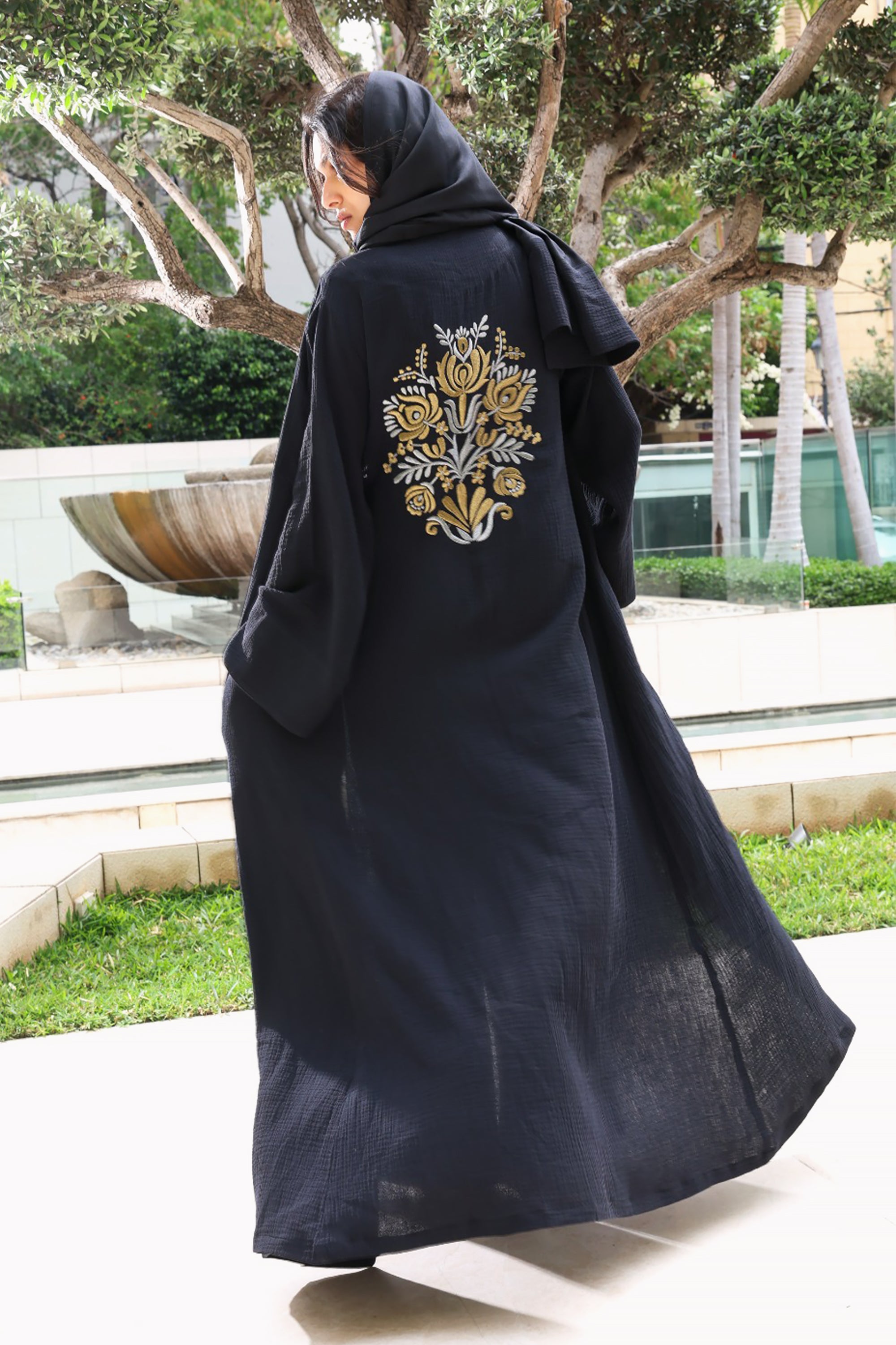 Black Cotton Embroidered Abaya with Scarf by Nour Artisan