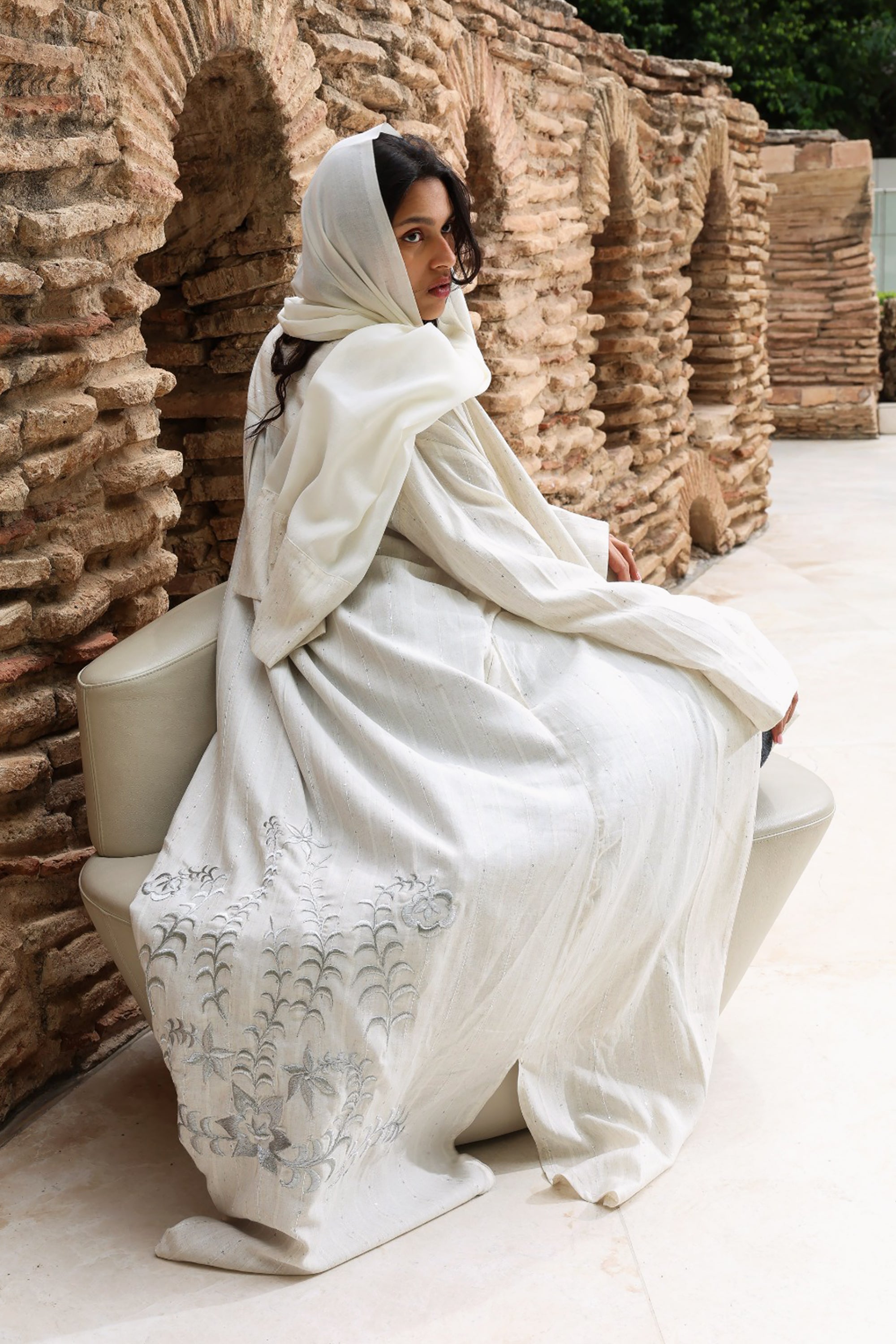 Off-white Cotton Silver Embroidered Abaya by Nour Artisan