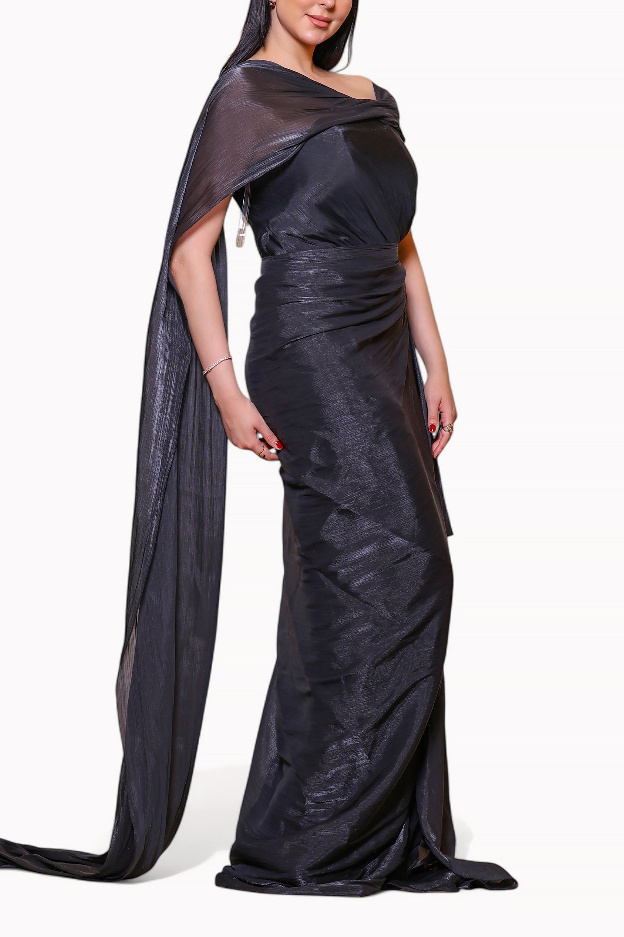 Dark Grey Silken Flow Dress By Marwa Ghassan