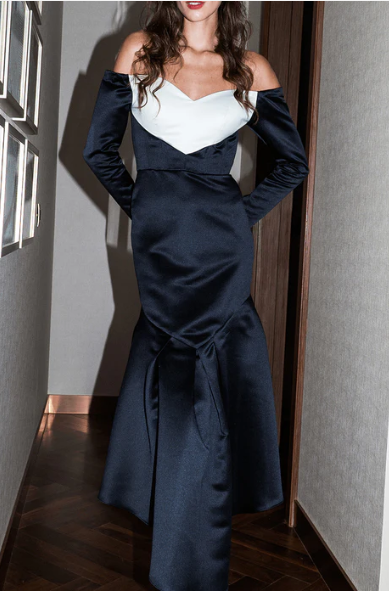 Black and White Off Shoulder V Shape Satin Midi Dress By AAVVA