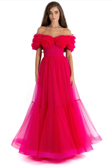 Fuchsia Sheering Off Shoulder Tulle Gown By AAVVA