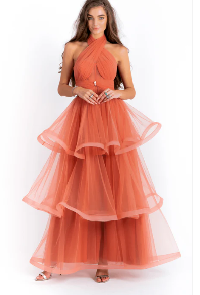 Light Orange Cross Halter Neck Tulle Gown With Layered Skirt By AAVVA